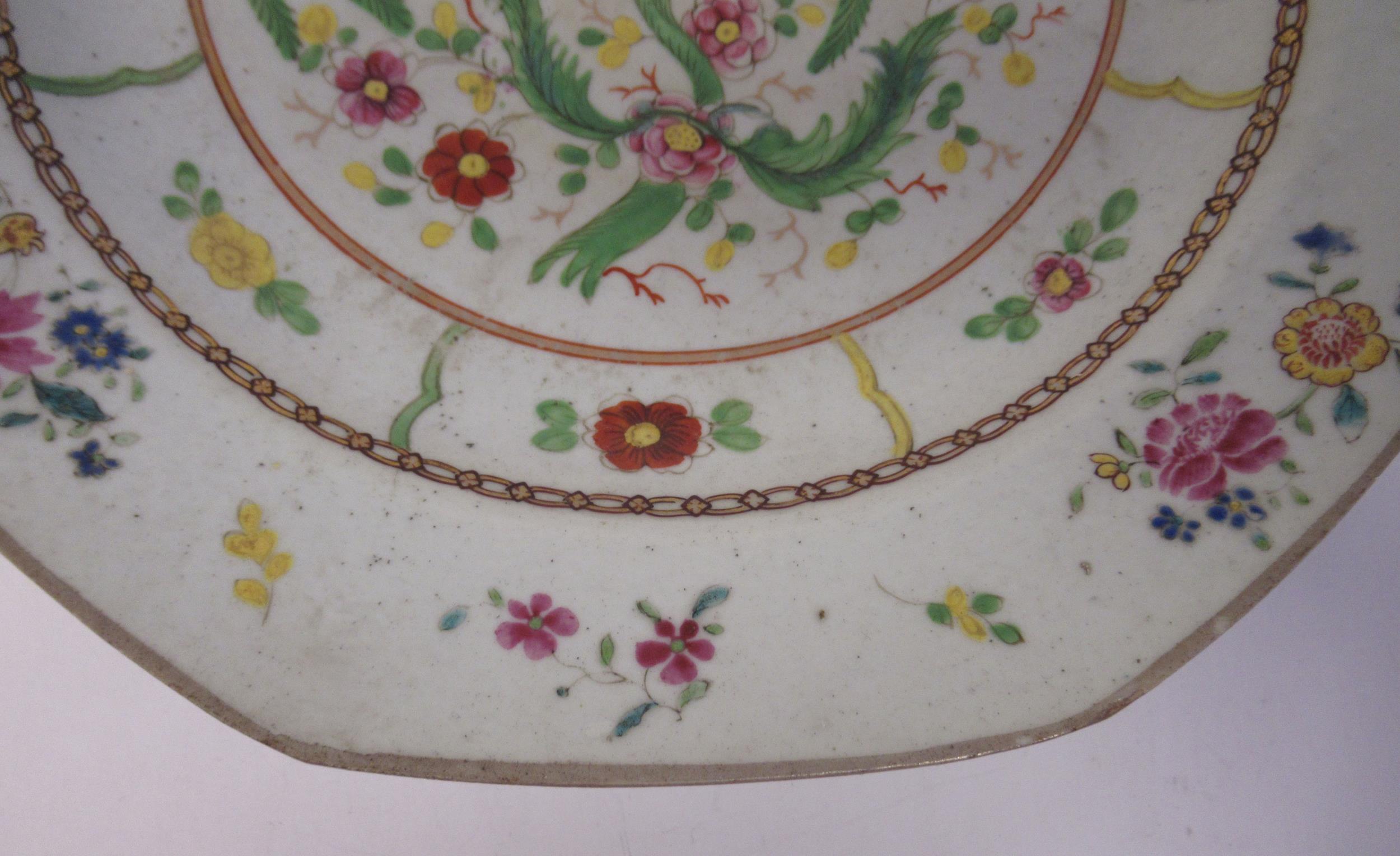 A mid 18thC Chinese porcelain octagonal dish, decorated in famille rose with an unusual floral field - Image 3 of 7