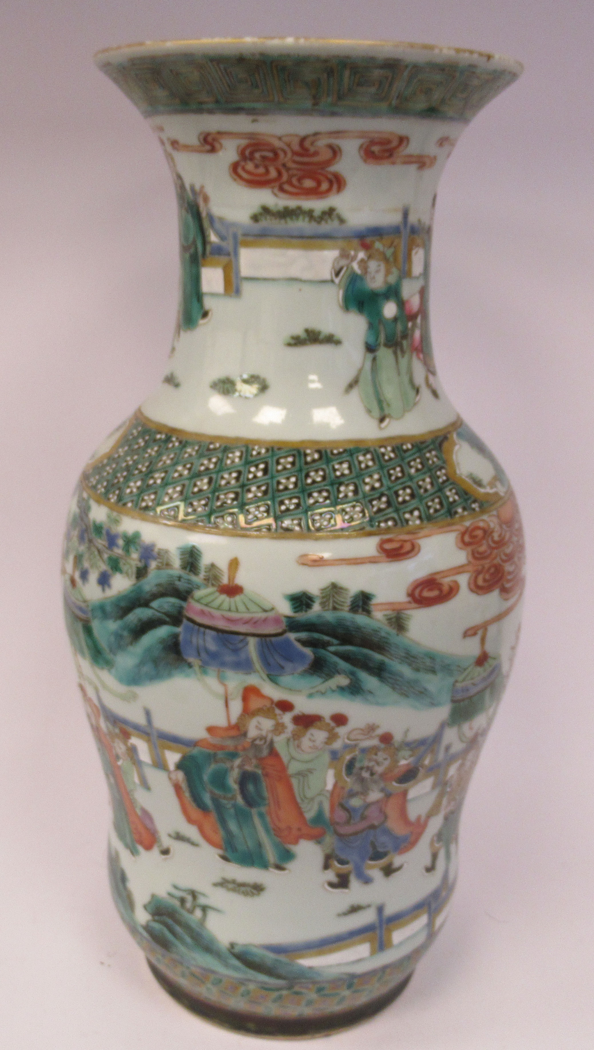 A late 19thC Chinese famille vert porcelain vase of waisted baluster form, having a narrow neck