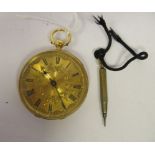 A lady's 18ct gold cased pocket watch with engraved decoration, faced by a finely engine turned