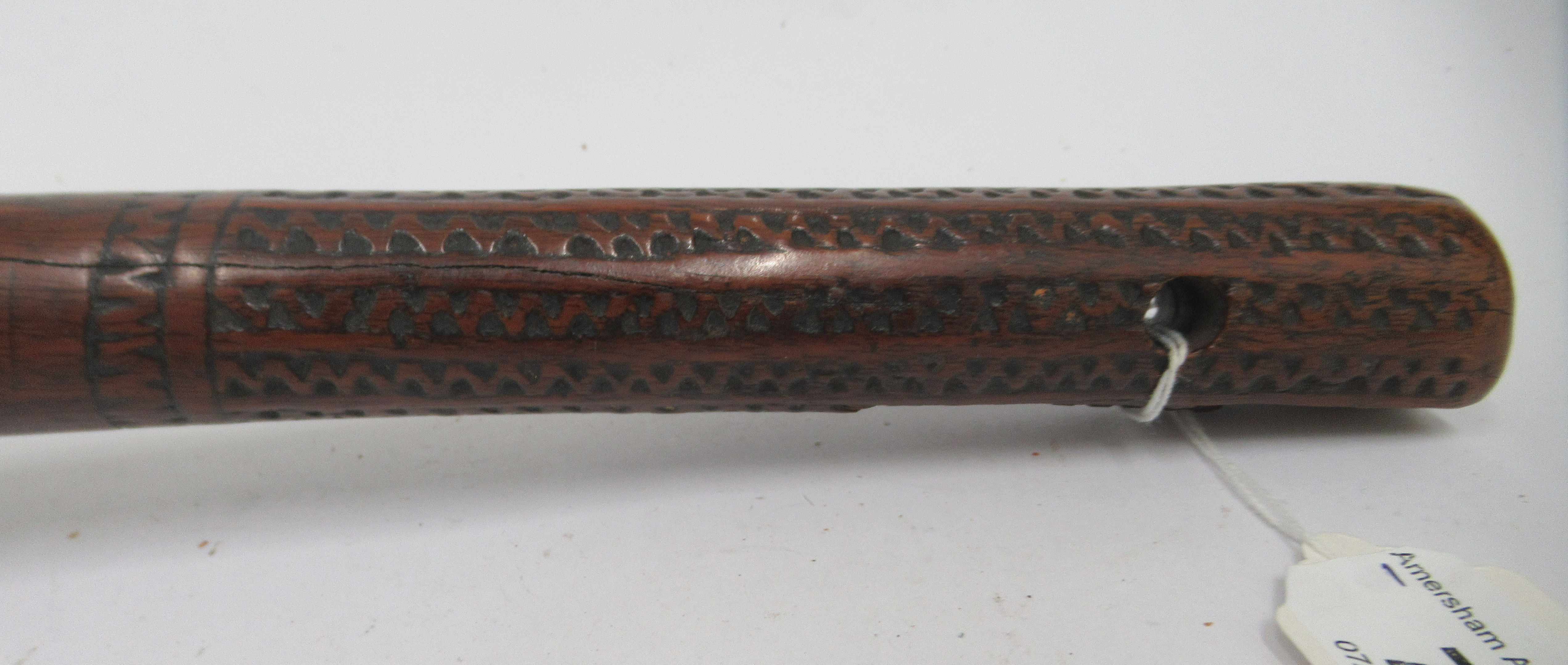 A late 19thC Fijian hardwood Iula Tavatava throwing club, the handle carved with geometric patterns - Image 3 of 10