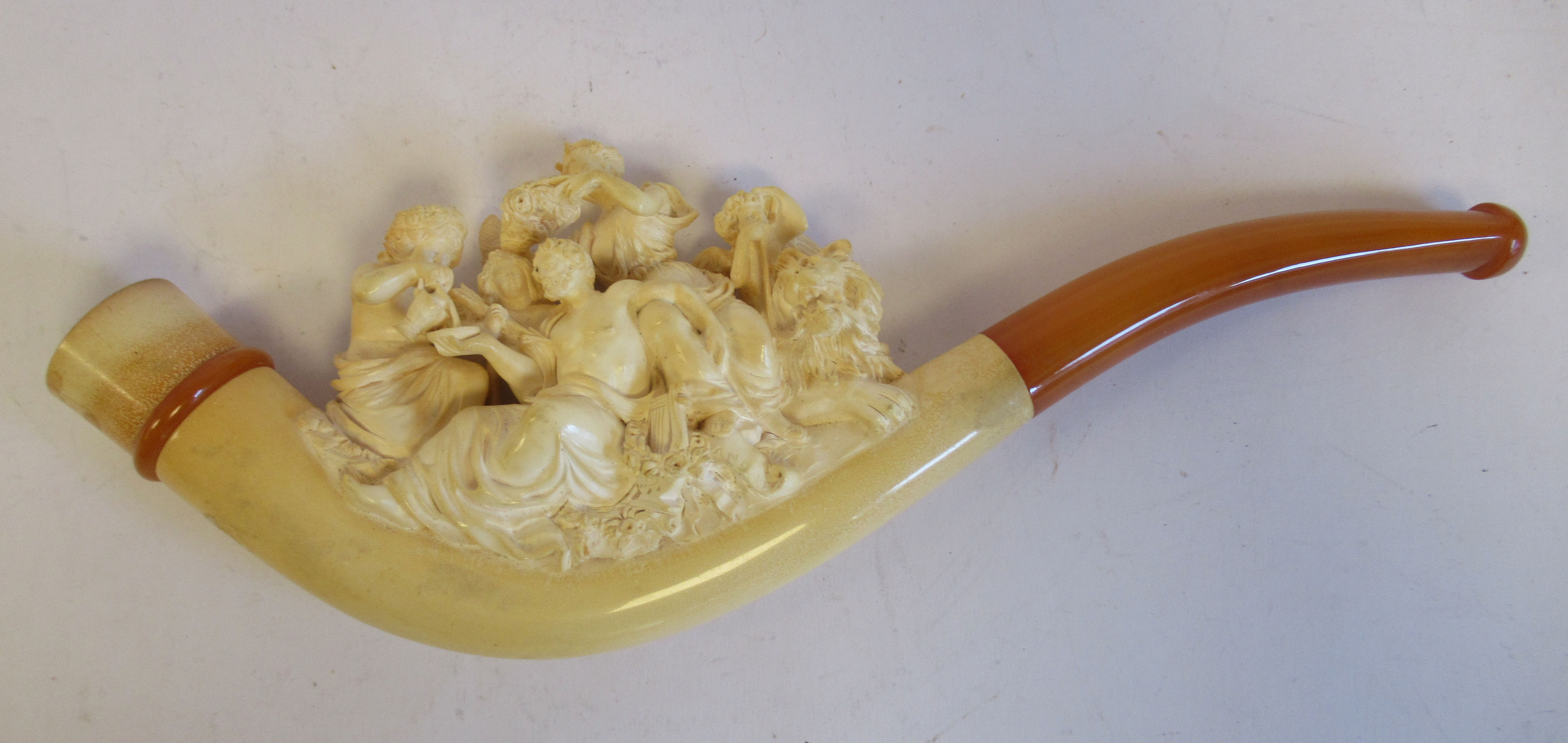 A late 19thC meerschaum and amber smoker's pipe/cheroot holder, finely carved with an allegorical - Image 3 of 8