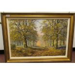Don Vaughen - two figures in a bluebell wood  oil on canvas  bears a signature  19'' x 30''  framed