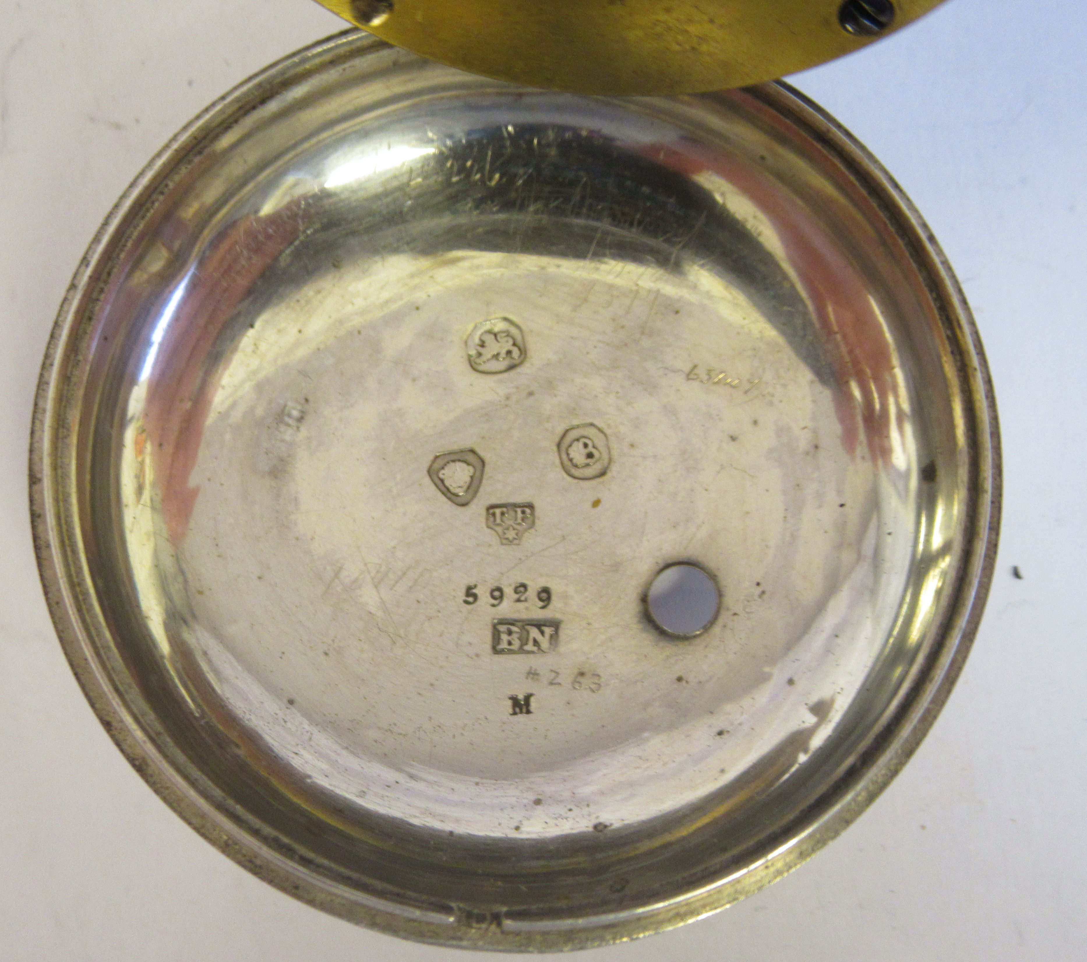 A mid 18thC silver pair cased pocket watch, the fusee movement faced by a white enamel Roman dial, - Image 5 of 7