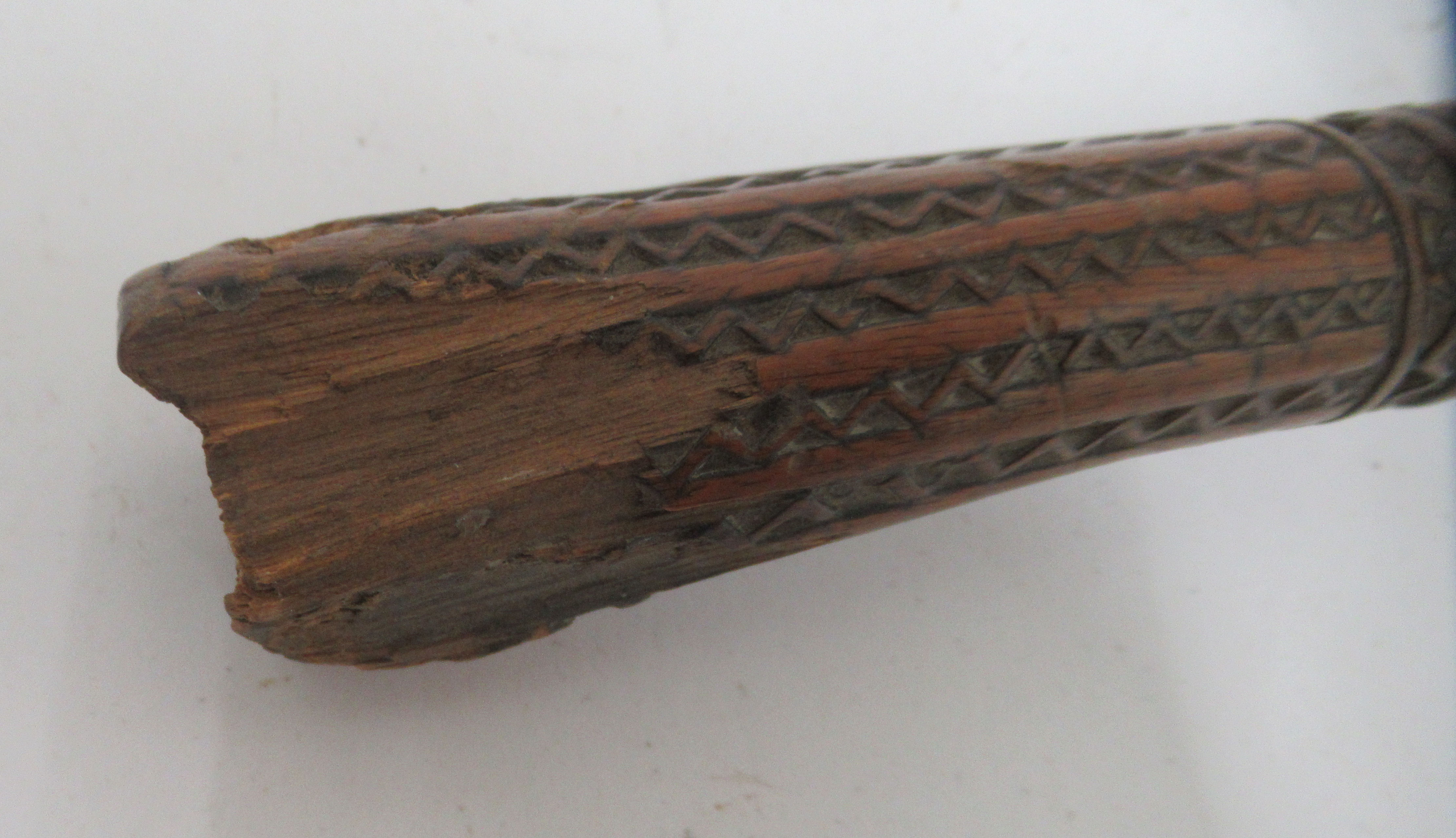 A late 19thC Fijian hardwood Iula Tavatava throwing club, the handle carved with geometric - Image 4 of 6