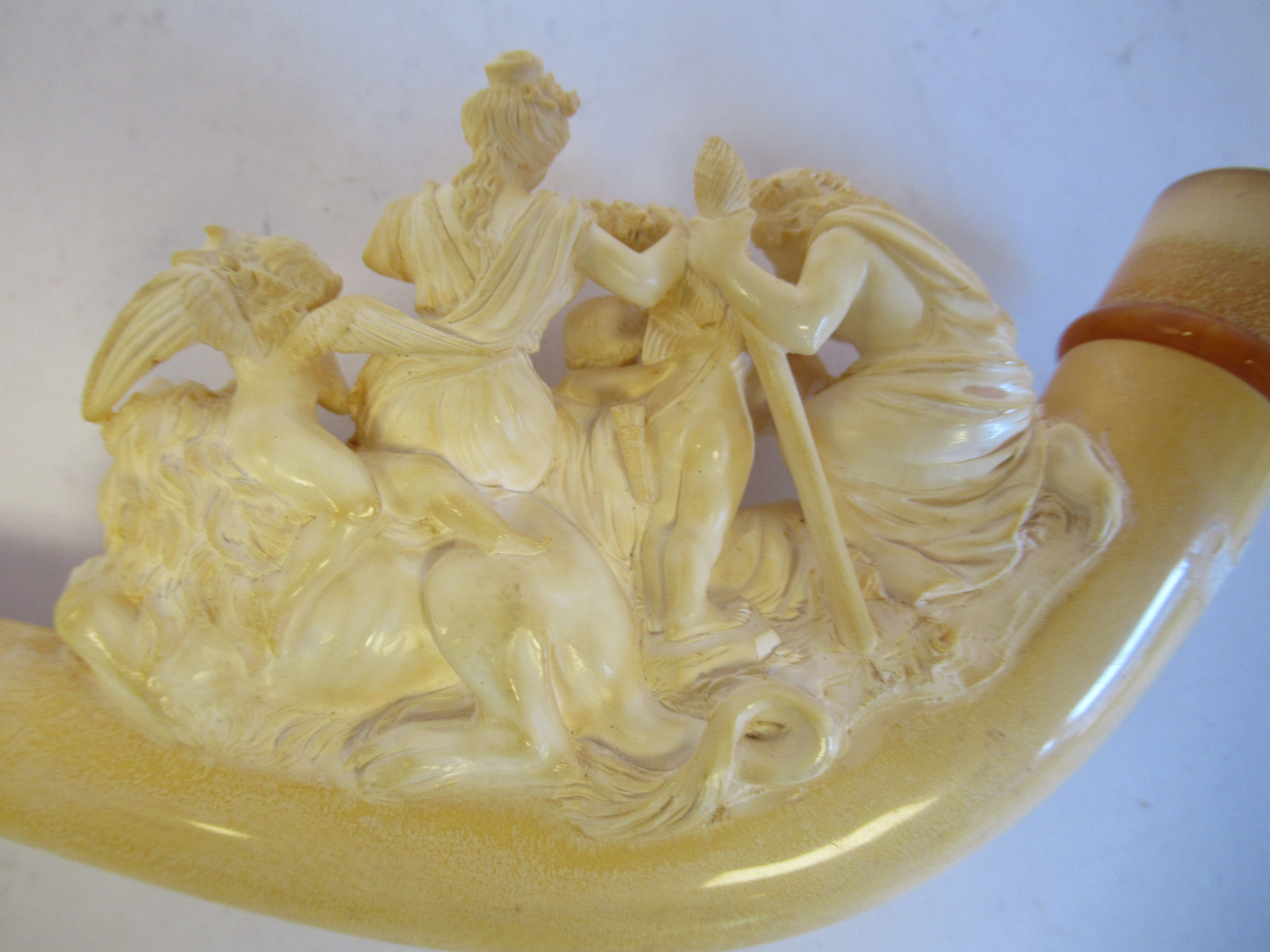 A late 19thC meerschaum and amber smoker's pipe/cheroot holder, finely carved with an allegorical - Image 5 of 8