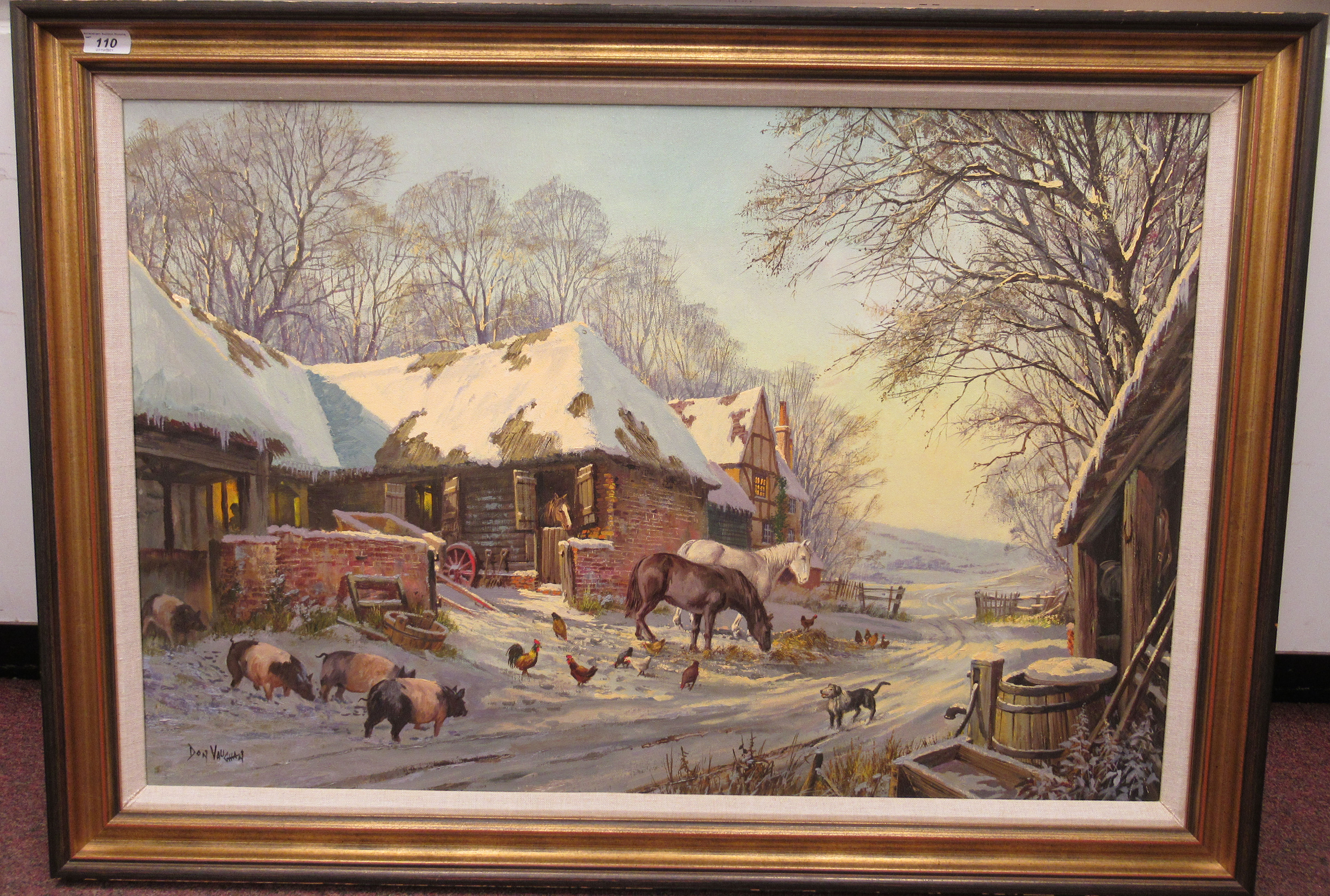 Don Vaughen - a farm scene in winter with livestock and poultry in the snow  oil on canvas  bears