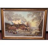 Don Vaughen - a farm scene in winter with livestock and poultry in the snow  oil on canvas  bears