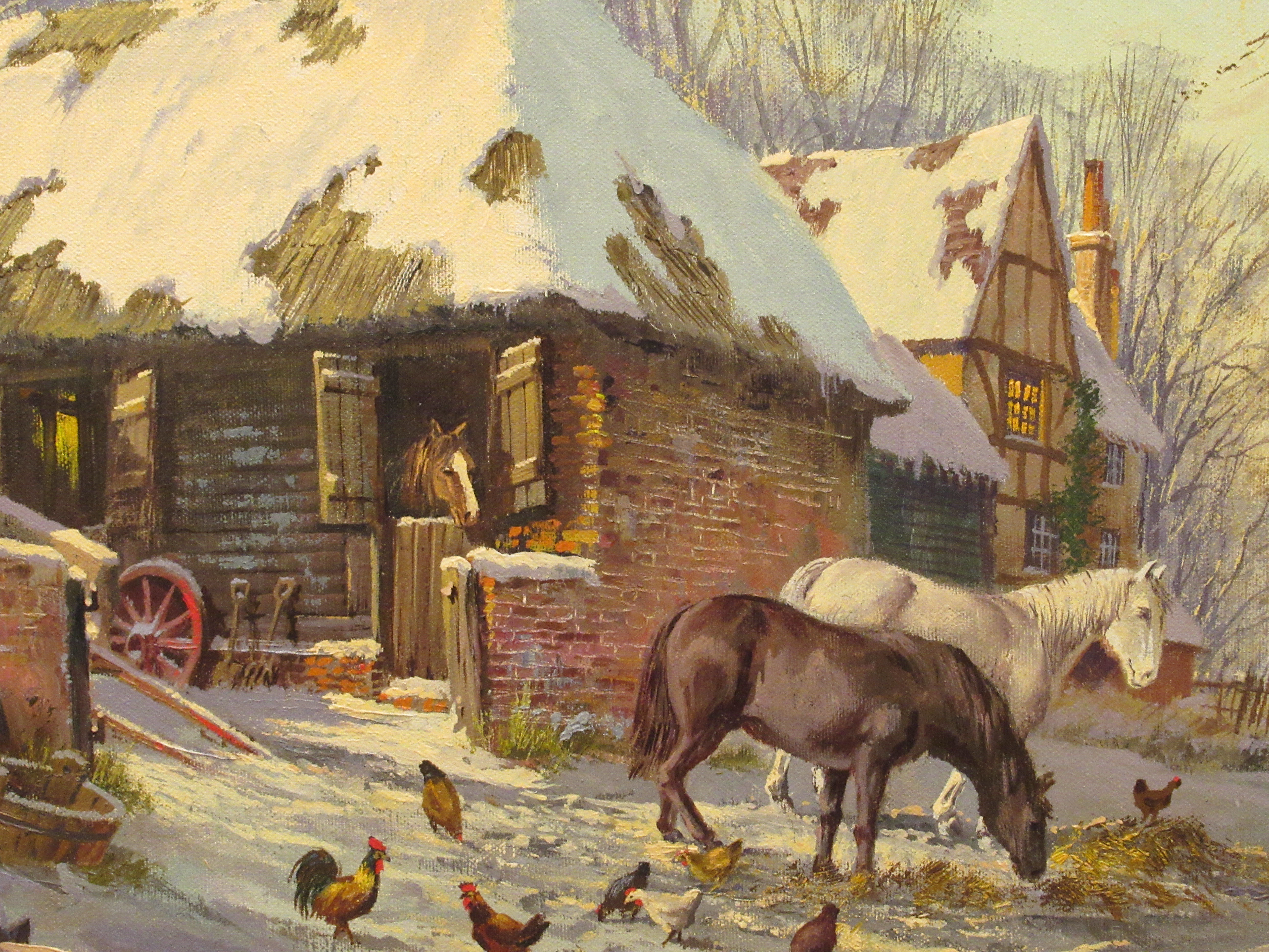 Don Vaughen - a farm scene in winter with livestock and poultry in the snow  oil on canvas  bears - Image 2 of 4