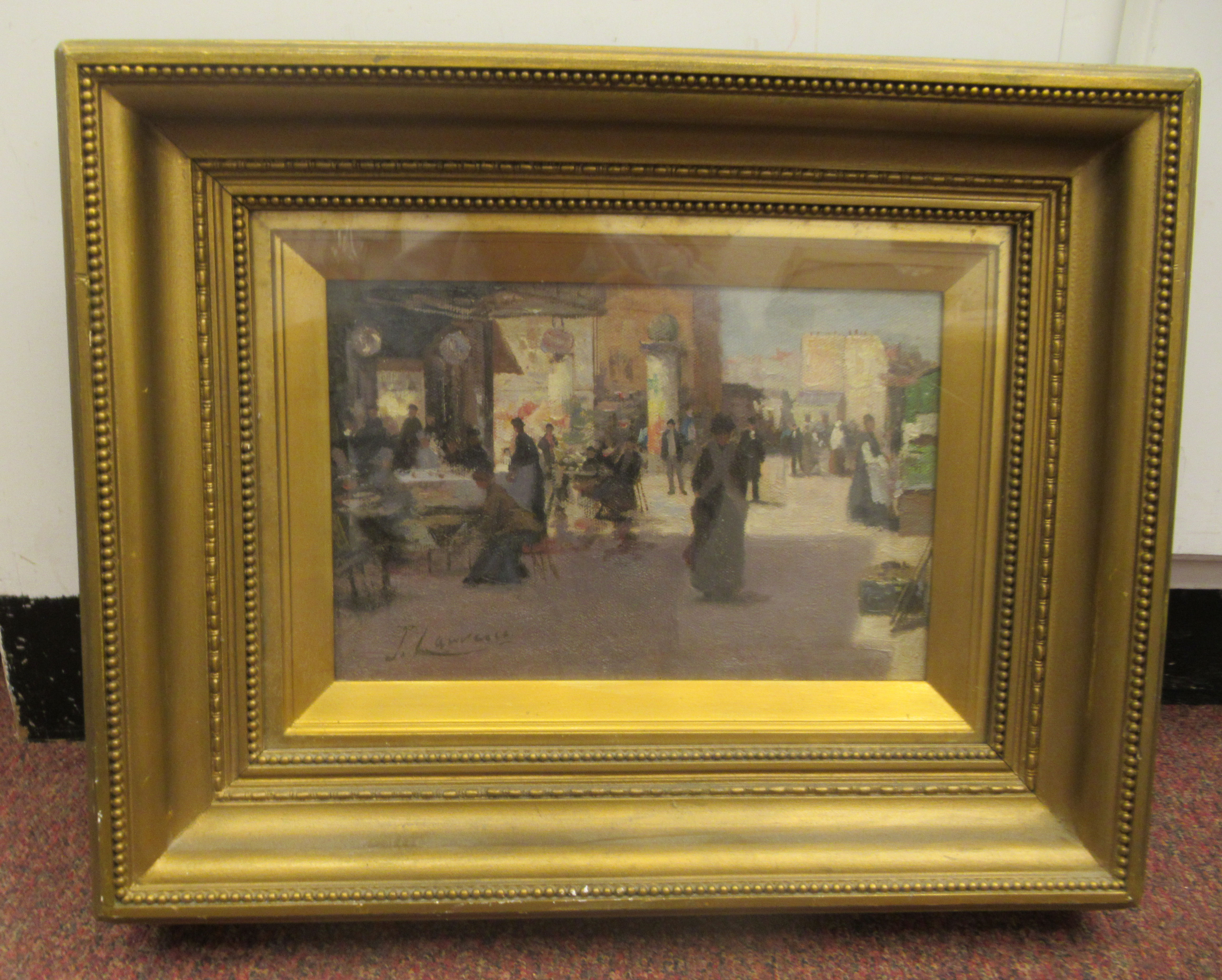 J Laurence - a street scene and market (possibly French) with figures at a café table  oil on canvas - Image 2 of 5