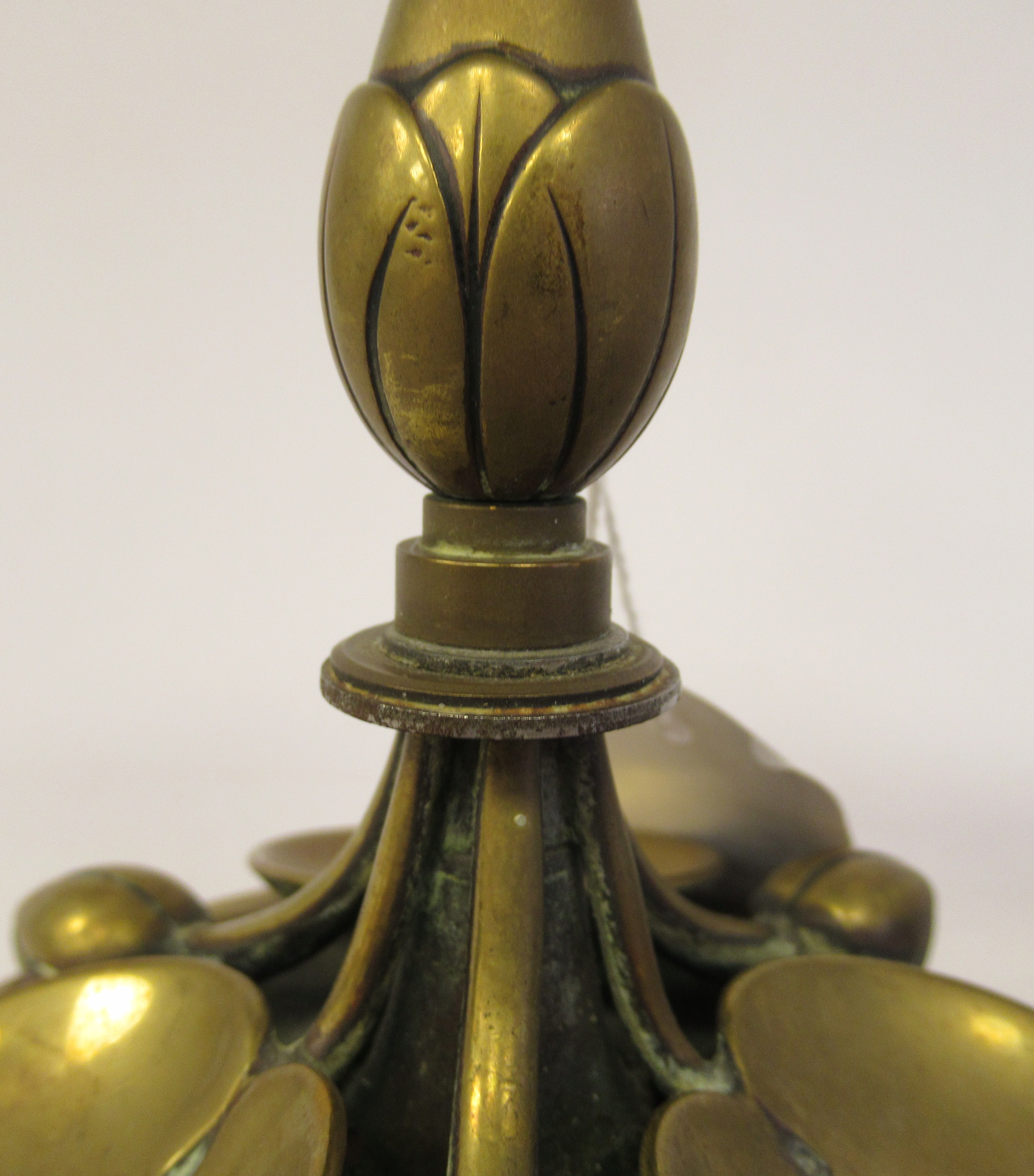 A matched pair of early 20thC Art Nouveau brass candlesticks, naturalistically cast with stylised - Image 3 of 6