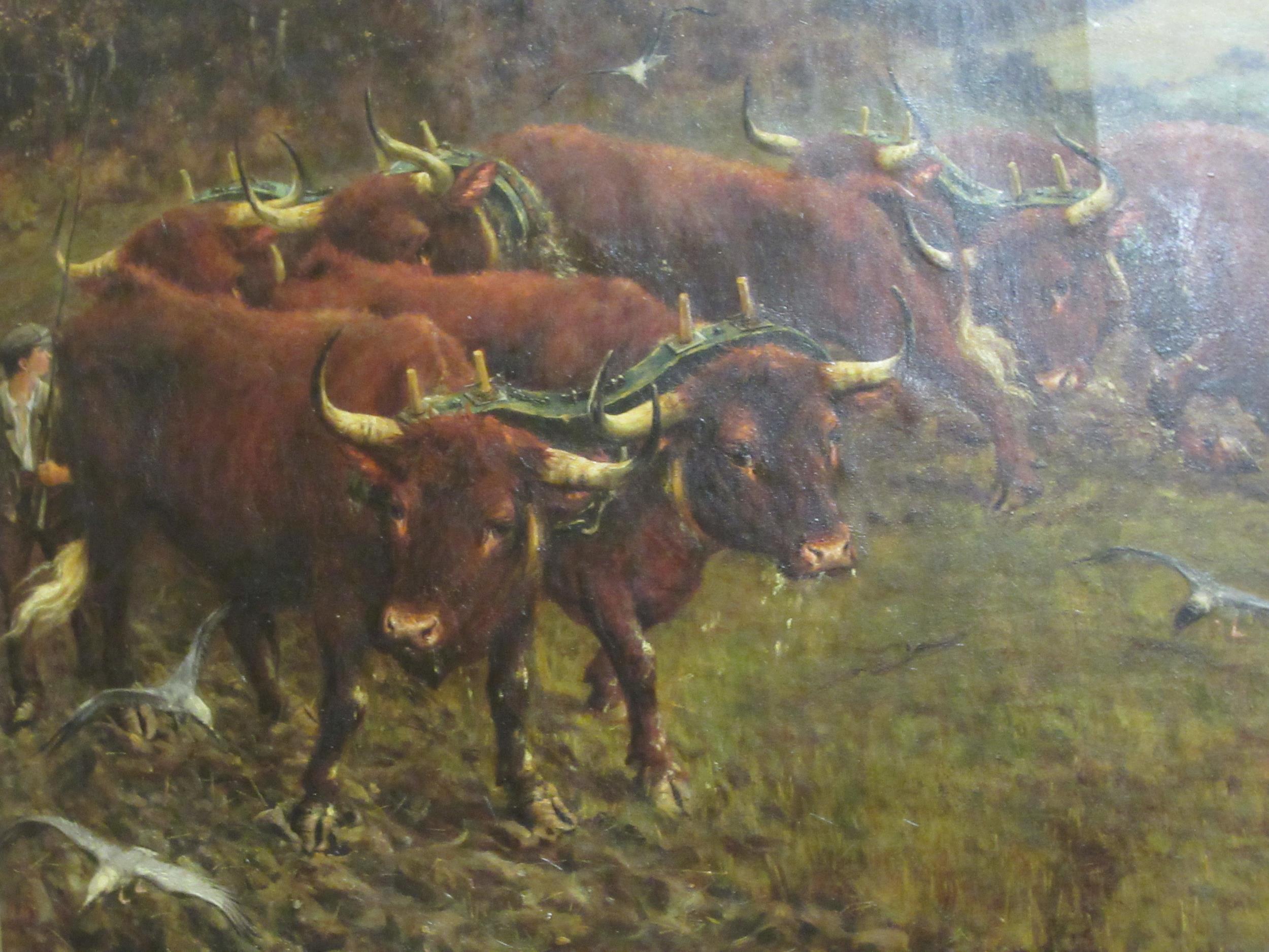 In the manner of Stanley Berkeley - ploughing with cattle in a landscape setting  oil on canvas - Image 3 of 7