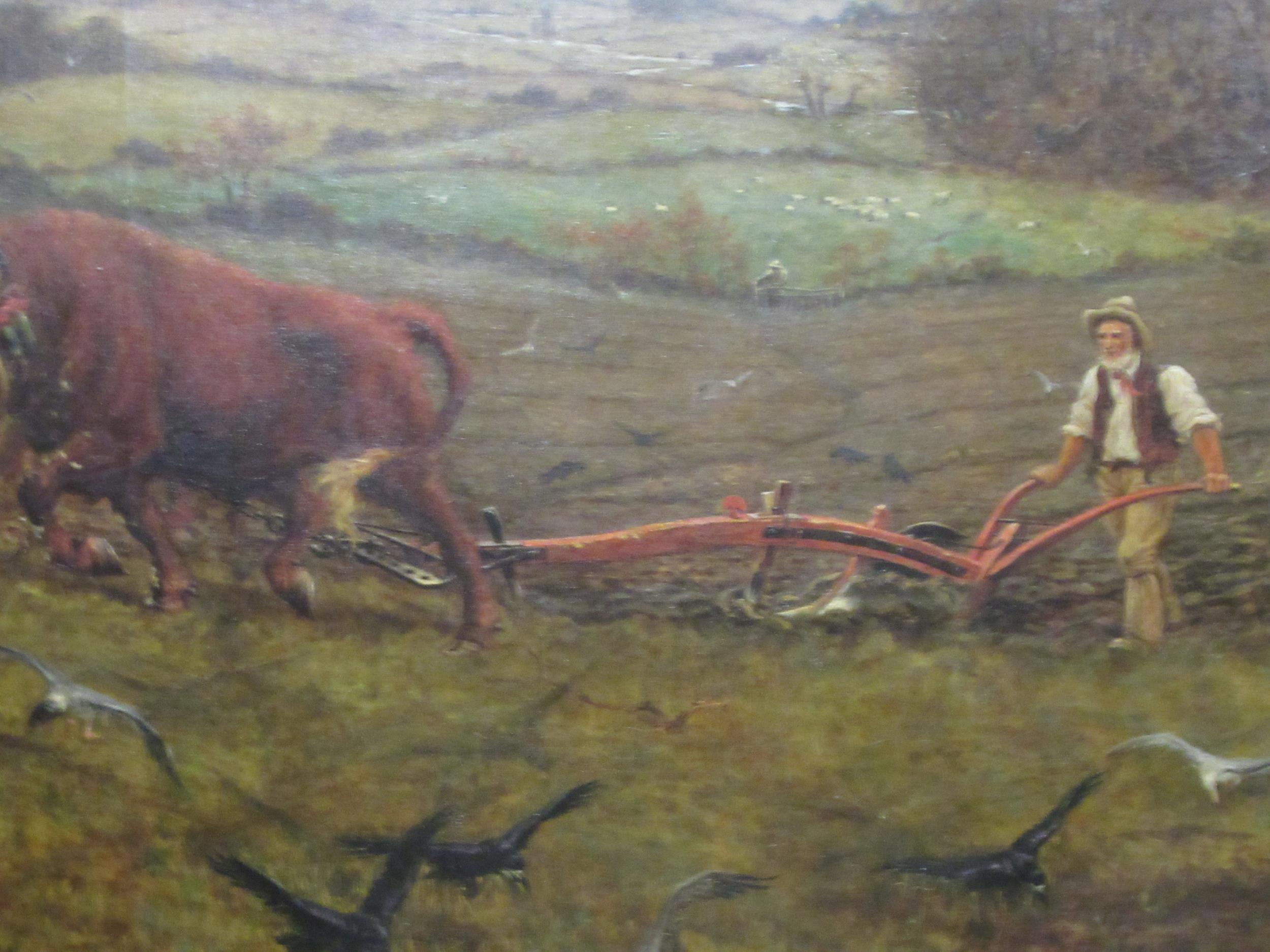 In the manner of Stanley Berkeley - ploughing with cattle in a landscape setting  oil on canvas - Image 2 of 7