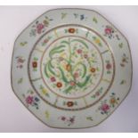 A mid 18thC Chinese porcelain octagonal dish, decorated in famille rose with an unusual floral field