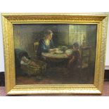 19thC Dutch School - a cottage interior, meal time with mother, child and baby in a crib  oil on