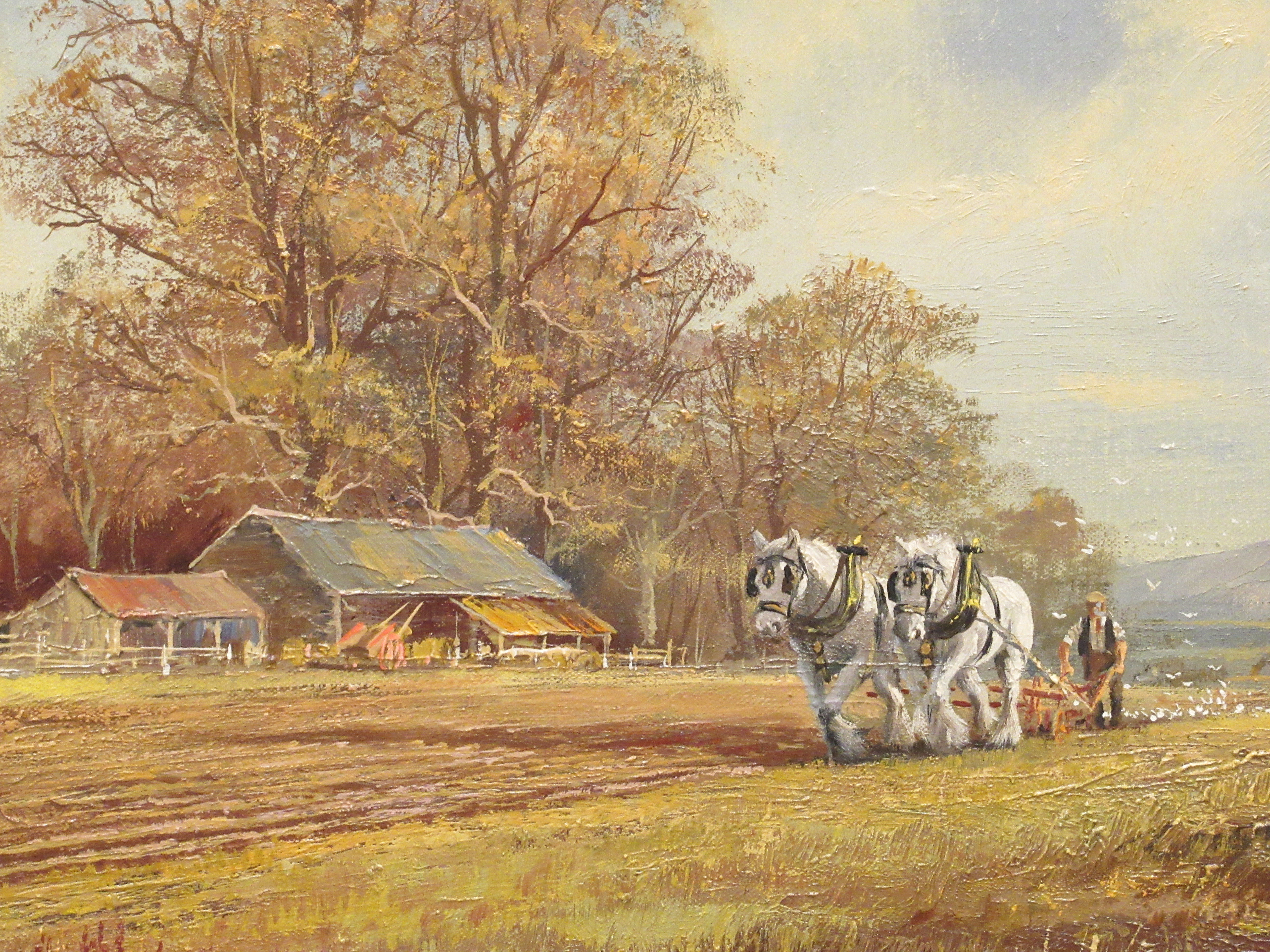 Don Vaughen - a horsedrawn plough in a landscape with farm buildings  oil on canvas  bears a - Image 2 of 4