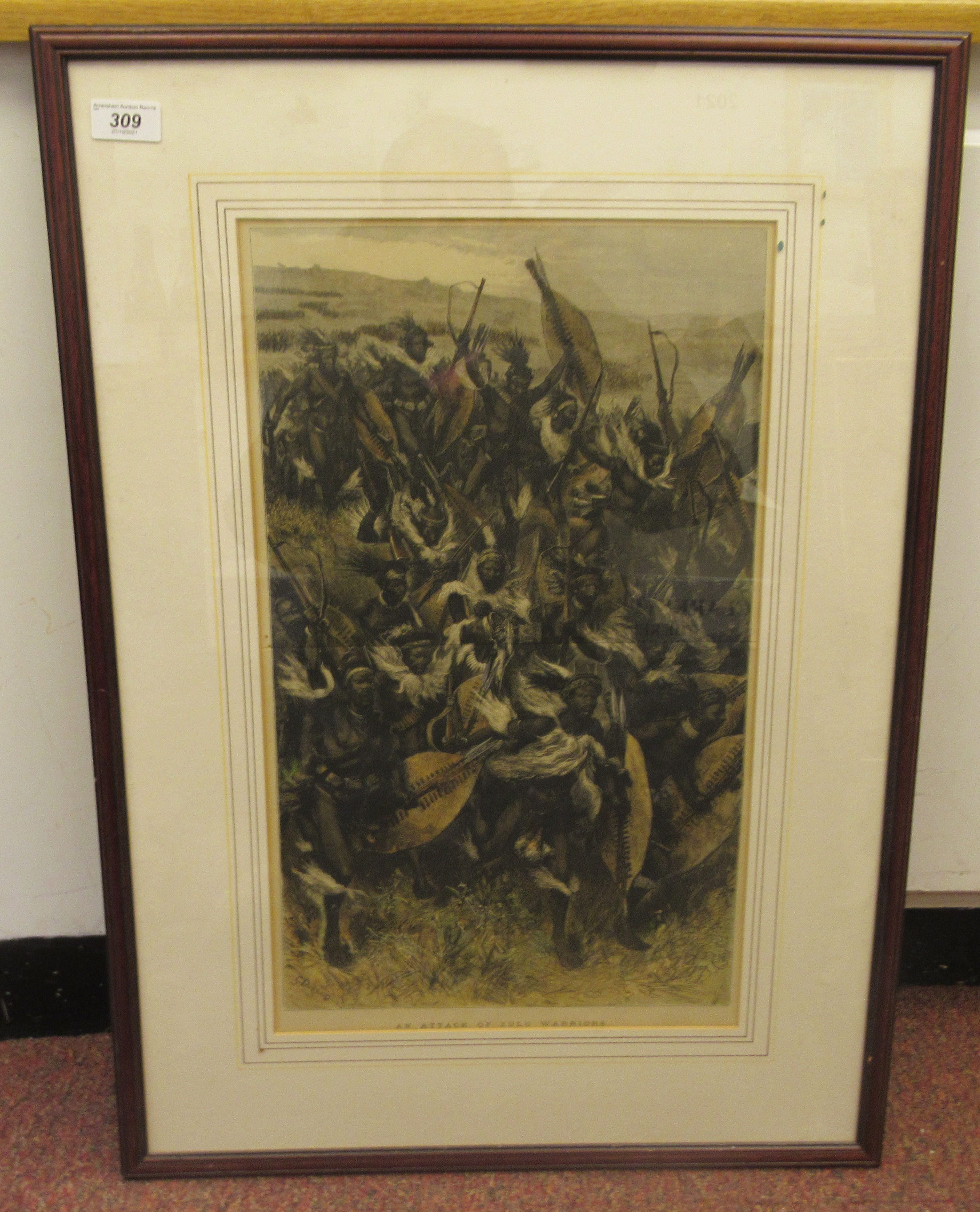 After G Durany - an attack of Zulu Warriors  tinted engraving  20'' x 12''  framed - Image 2 of 4