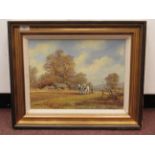Don Vaughen - a horsedrawn plough in a landscape with farm buildings  oil on canvas  bears a
