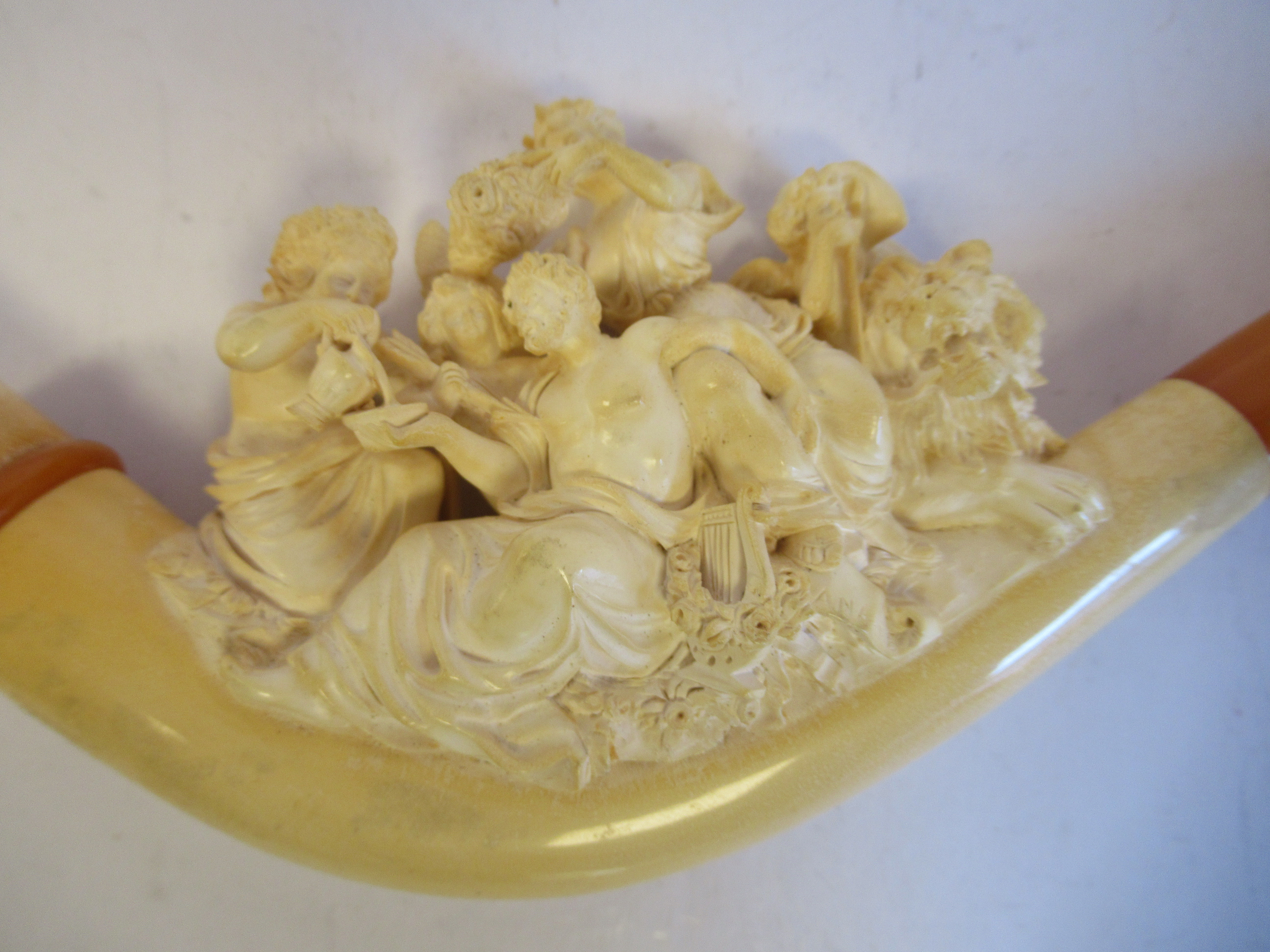 A late 19thC meerschaum and amber smoker's pipe/cheroot holder, finely carved with an allegorical - Image 6 of 8