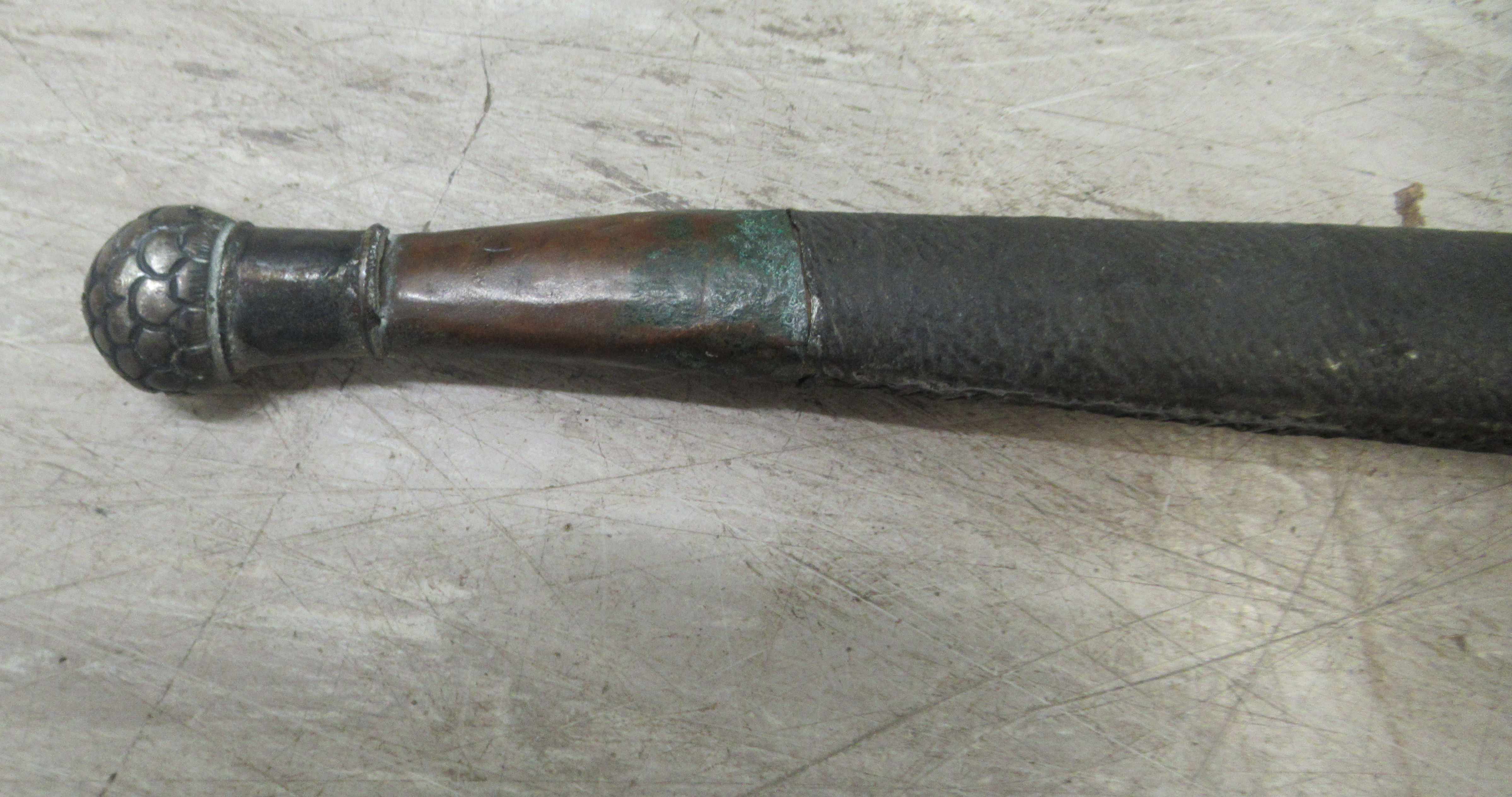 A late 19thC Indo-Persian Pesh-Kabz dagger, on an ivory clad handle  the blade 12"L in a hide - Image 8 of 8