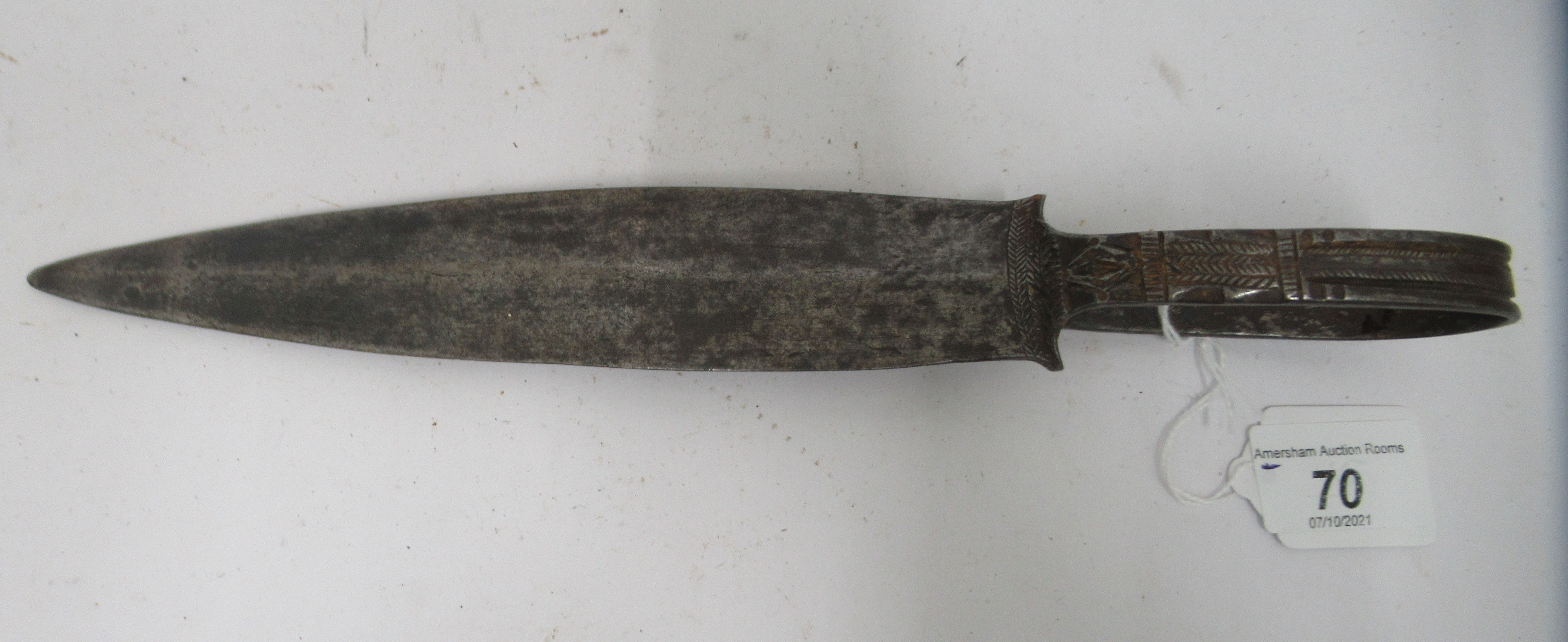 A late 19thC North Eastern Nigerian Tiv Tribe loop handled steel archers dagger  10.5"L overall