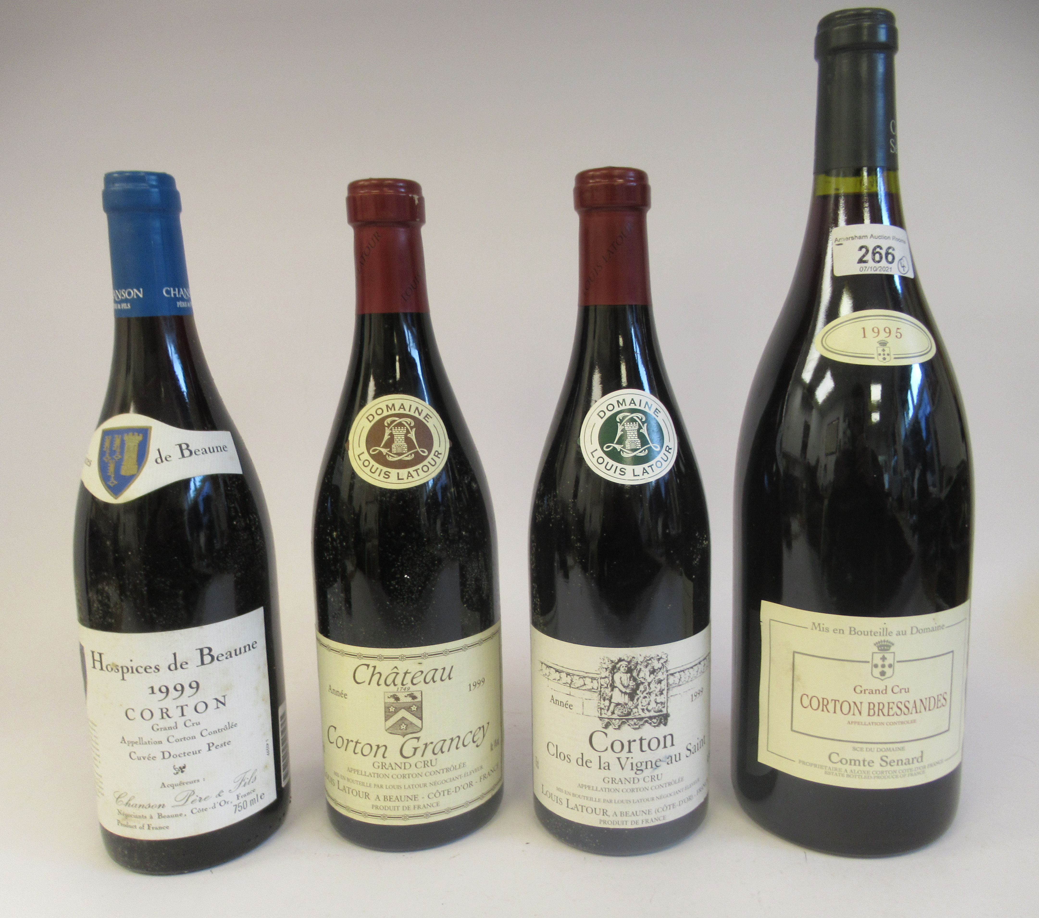 Wine, three bottles of 1999 Chateau Corton; and a magnum of Corton Bressandes Grand Cru