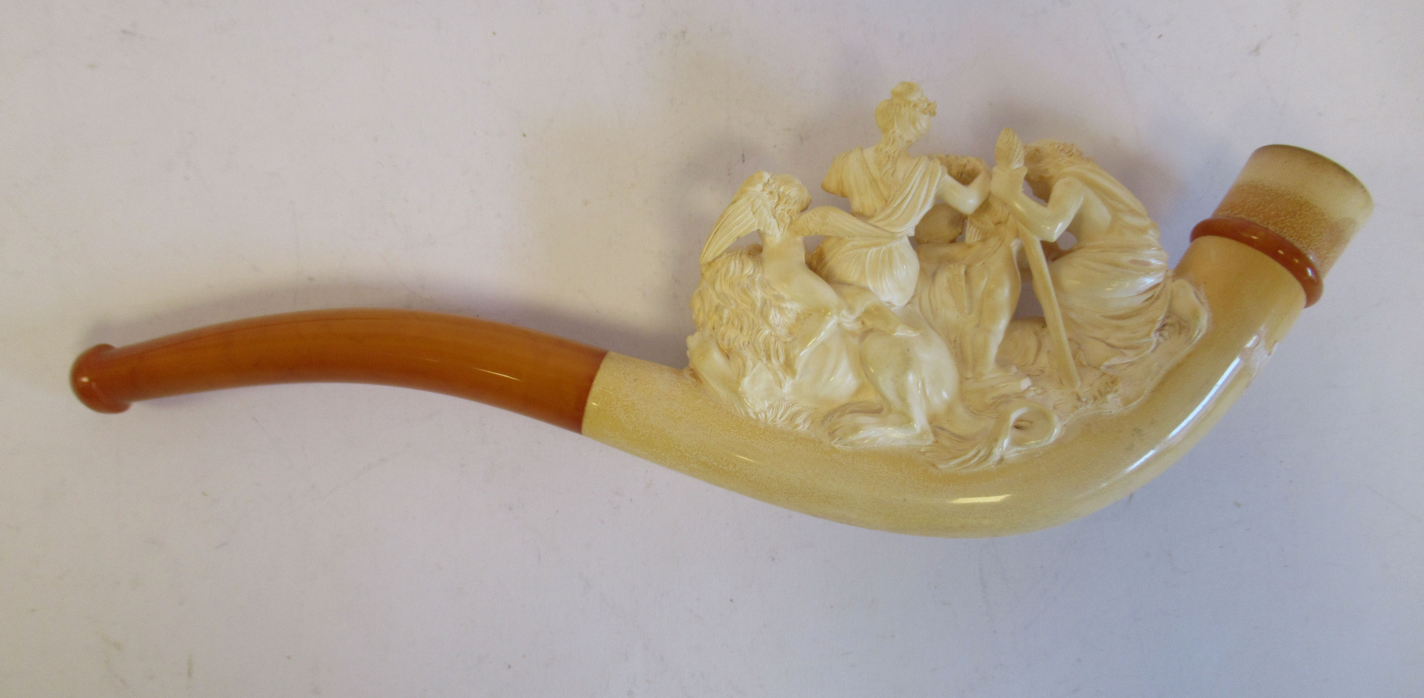 A late 19thC meerschaum and amber smoker's pipe/cheroot holder, finely carved with an allegorical - Image 4 of 8