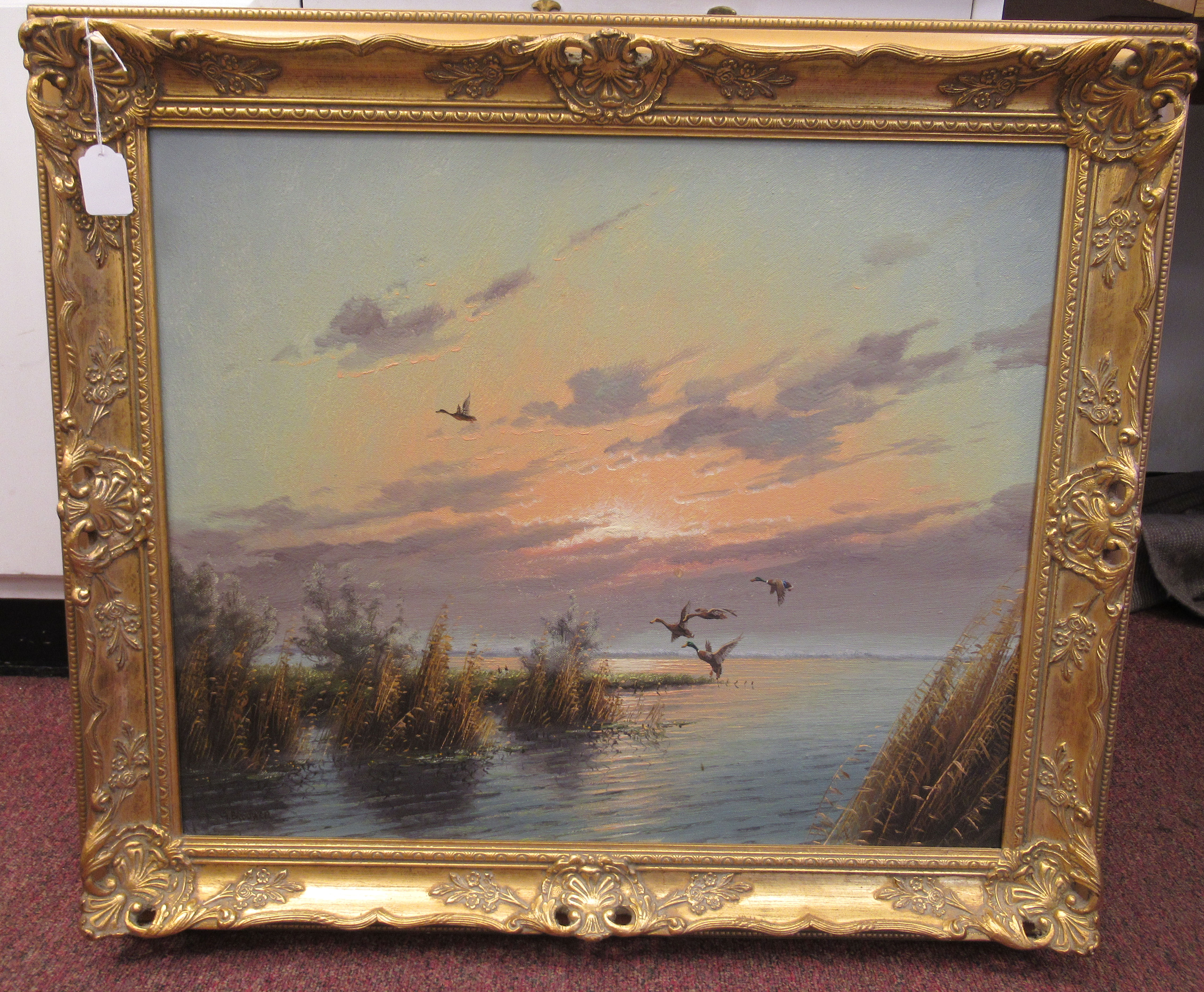 G Brouwer - Mallards over still water at dusk  oil on canvas  bears a signature  19.5'' x 23.5''