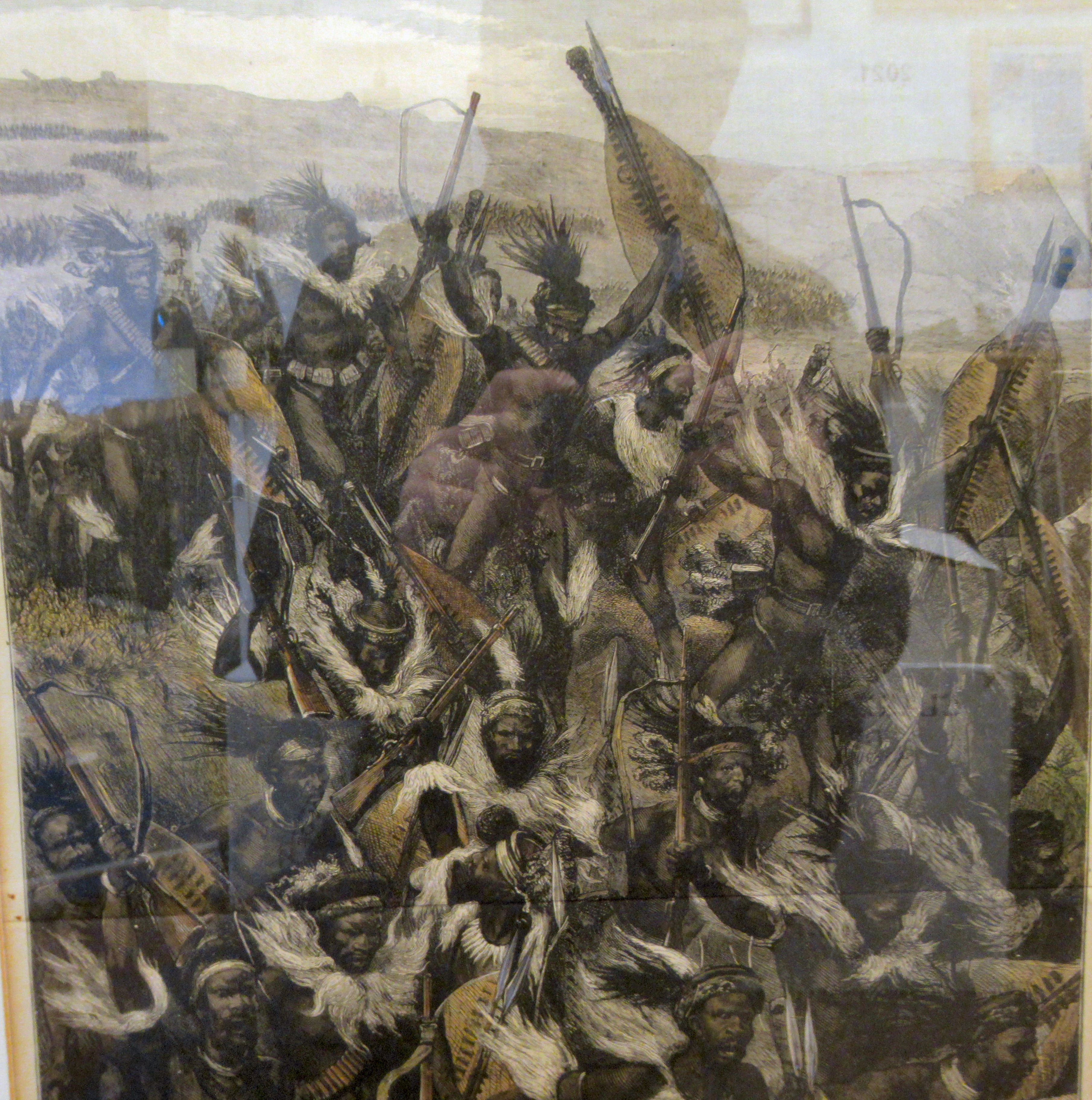 After G Durany - an attack of Zulu Warriors  tinted engraving  20'' x 12''  framed - Image 3 of 4