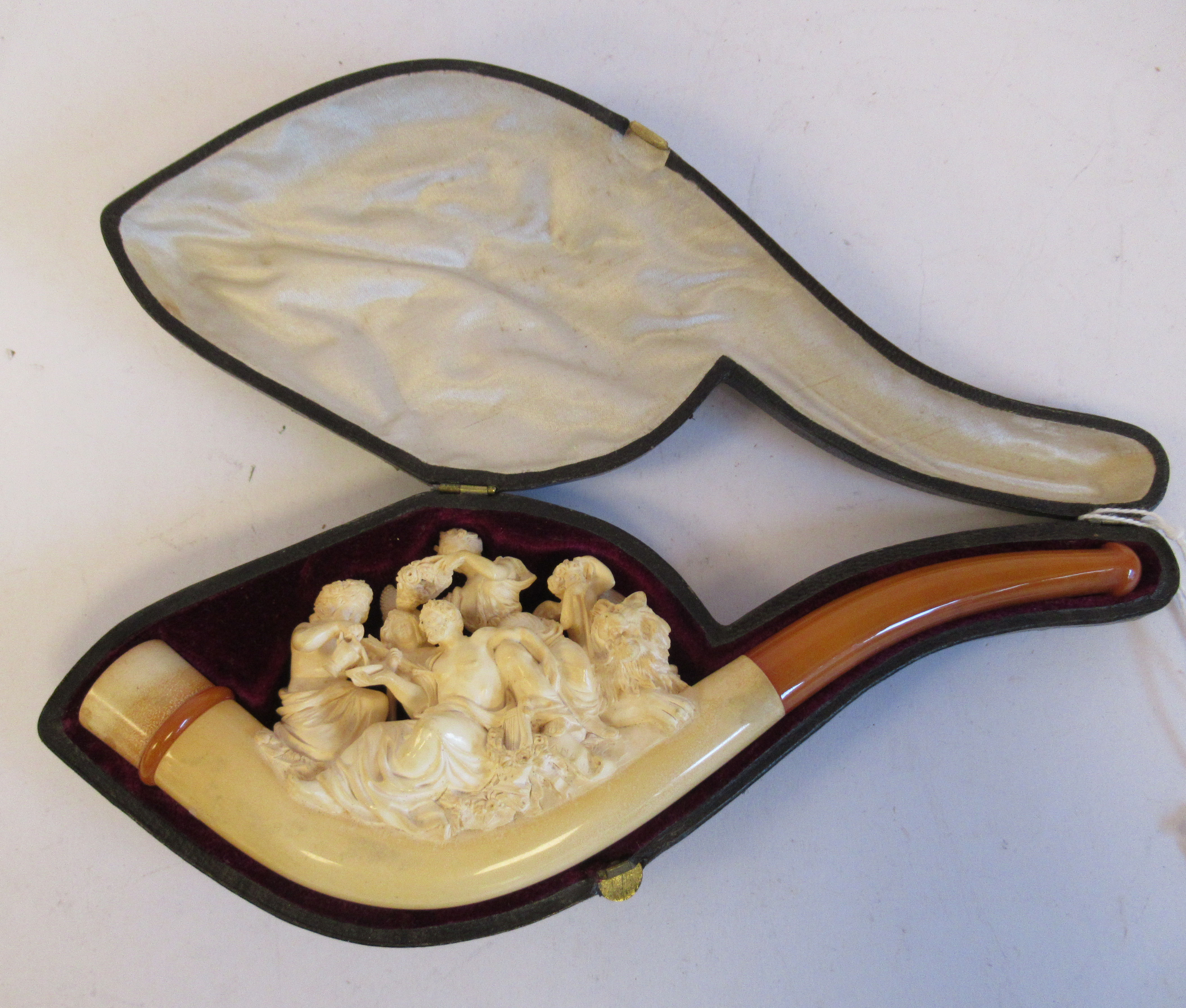 A late 19thC meerschaum and amber smoker's pipe/cheroot holder, finely carved with an allegorical - Image 2 of 8