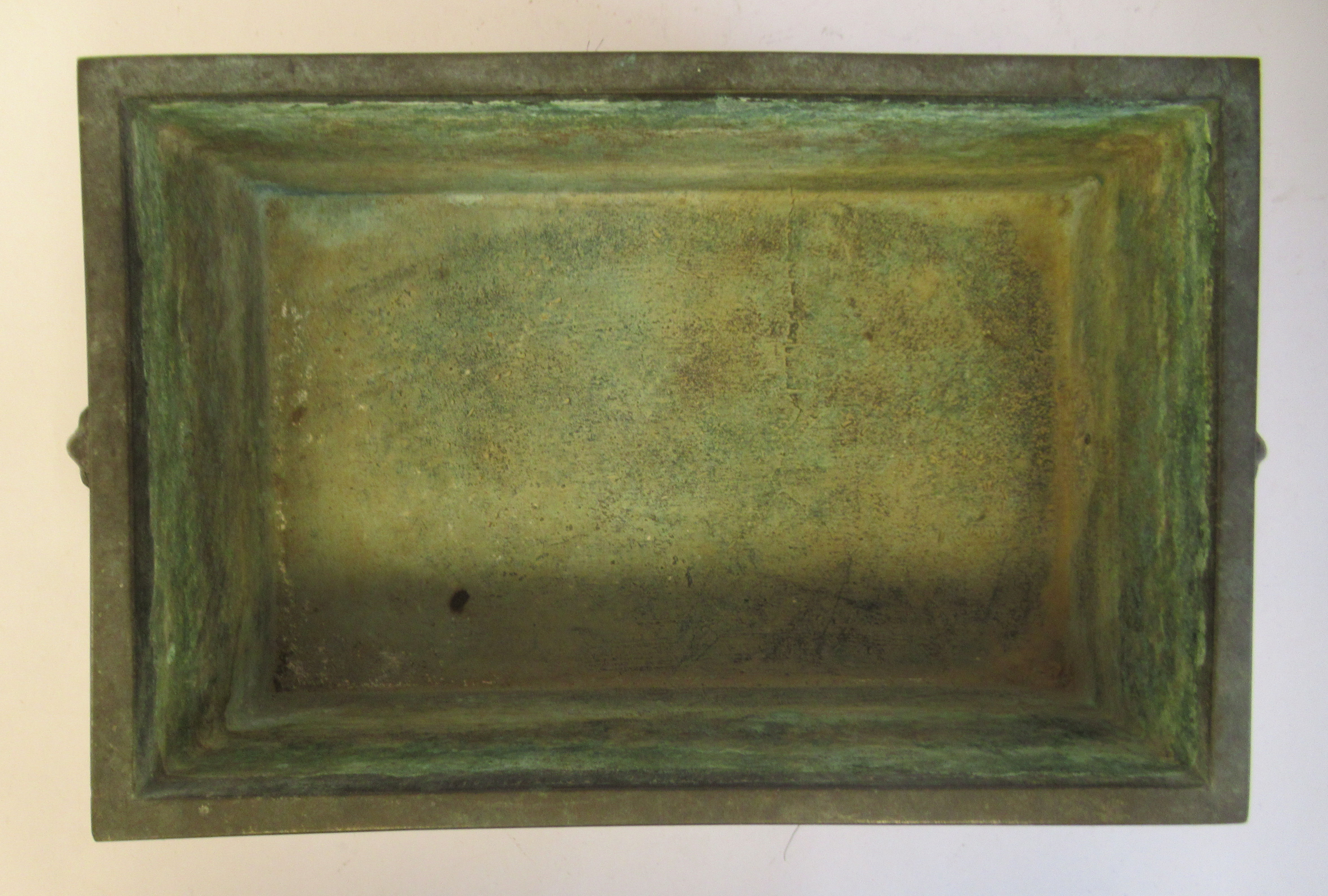 A 19thC Chinese cast and patinated bronze censer of rectangular form with opposing elephants' head - Image 5 of 7