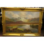 Prudence Turner - highland cattle by a loch  oil on canvas  bears a signature  23'' x 35''  framed