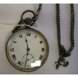 A silver coloured metal cased pocket watch, the keyless movement faced by a white enamel Roman dial,