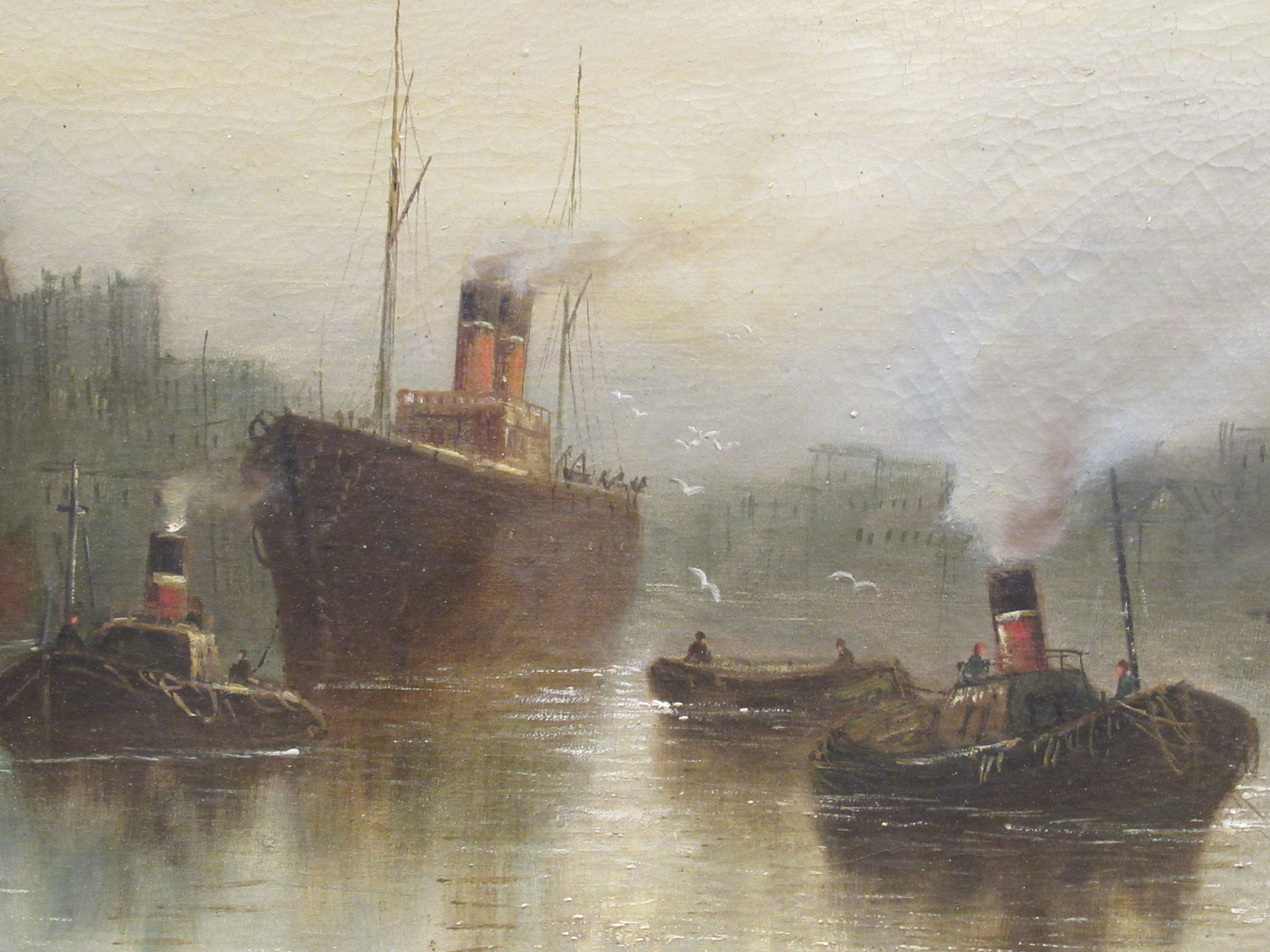 W L Wyllie - a commercial river scene with a steam ship, two tugboats and other vessels  oil on - Image 2 of 6