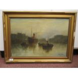 W L Wyllie - a commercial river scene with a steam ship, two tugboats and other vessels  oil on