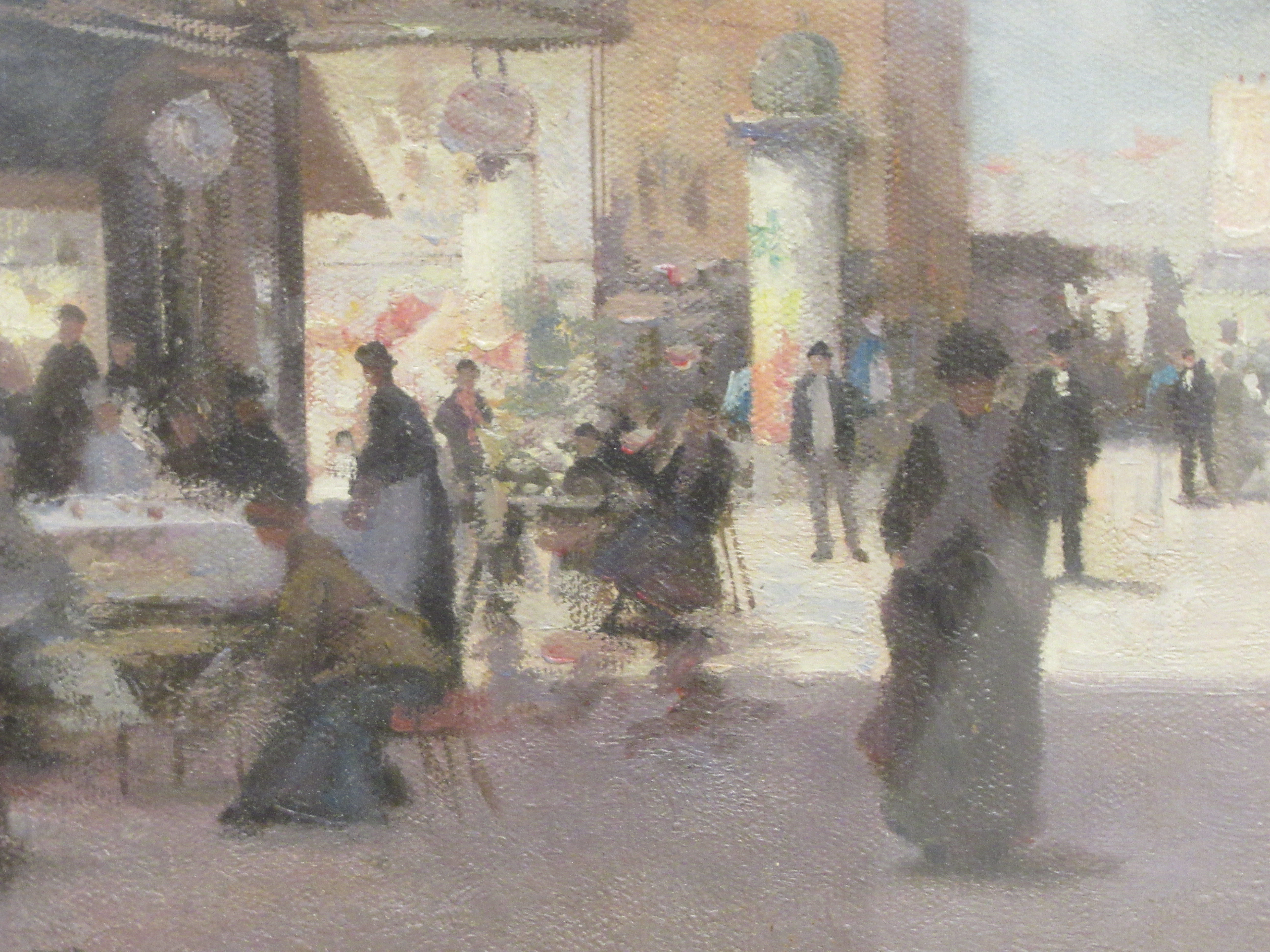 J Laurence - a street scene and market (possibly French) with figures at a café table  oil on canvas - Image 3 of 5