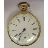 A gold coloured metal cased pocket watch  stamped 18k with radiating engine turned decoration, the