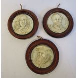 A set of three 19thC relief carved Dieppe ivory miniature head and shoulders, full face portrait