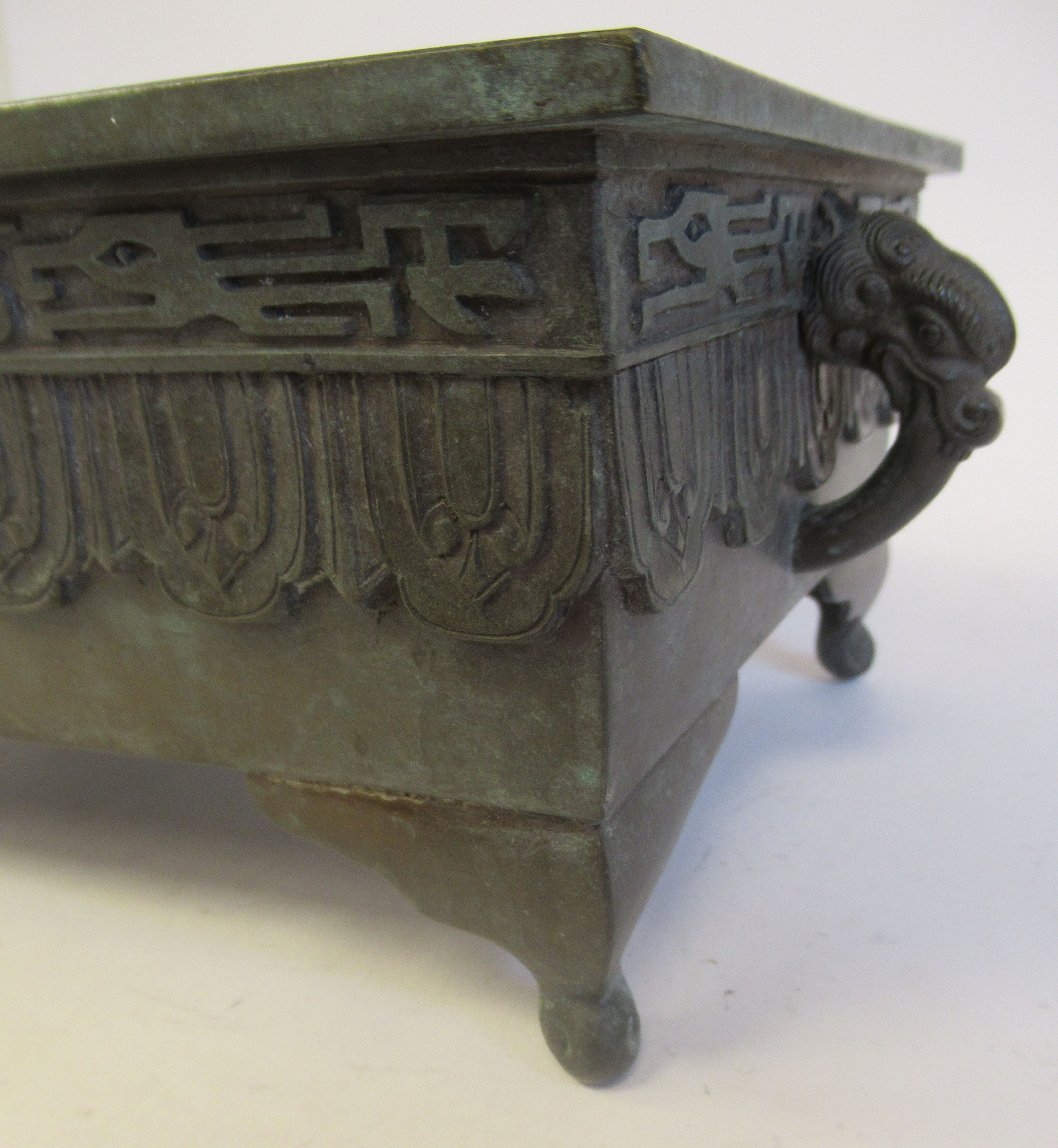 A 19thC Chinese cast and patinated bronze censer of rectangular form with opposing elephants' head - Image 7 of 7