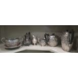 Metalware: to include a late Victorian silver plated teapot of oval demi-reeded form