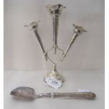 A loaded silver triple trumpet epergne  8.5"h; and a silver Stilton scoop  mixed marks