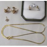9ct gold and white metal jewellery: to include a fine neckchain and two earrings  stamped 14k