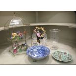 A mixed lot: to include an hexagonal glass terrarium  17"h containing china butterflies  largest 3"