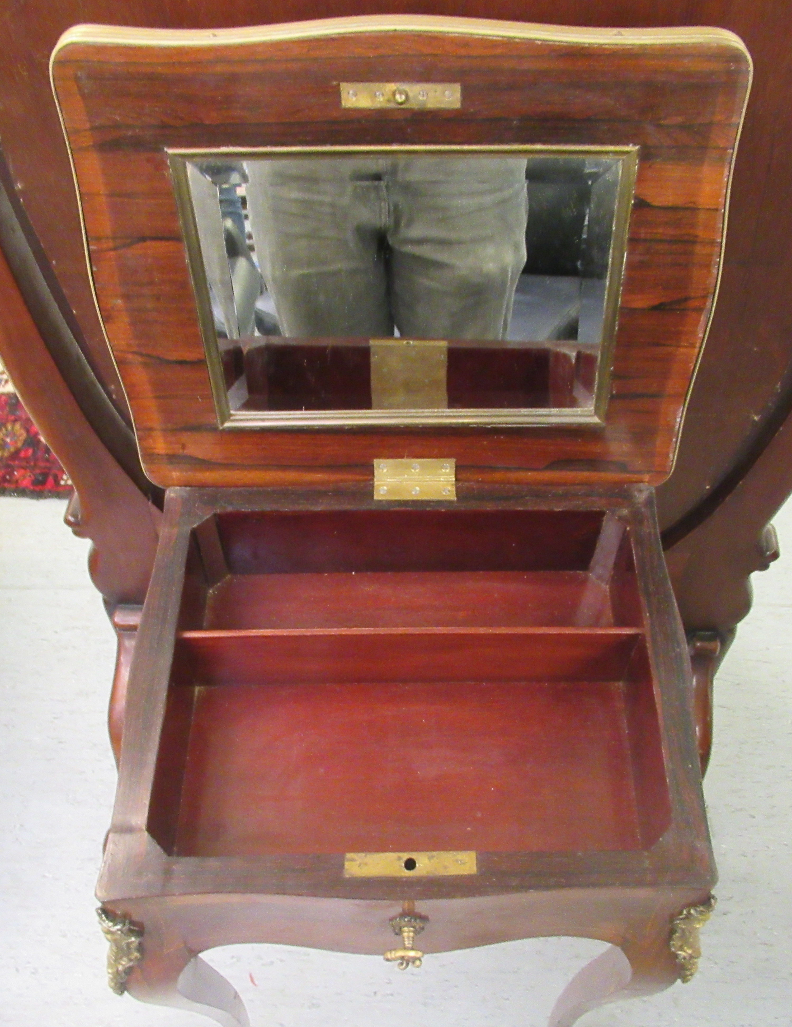 A late 19thC Continental kingwood and marquetry, serpentine outlined vanity table, the hinged top - Image 3 of 3