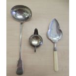 Silver and white metal: to include a silver plated soup ladle; a serving slice; and a silver cream