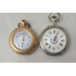 Two ladies' fob watches, viz. one with an enamelled and engraved 14ct gold case, faced by an