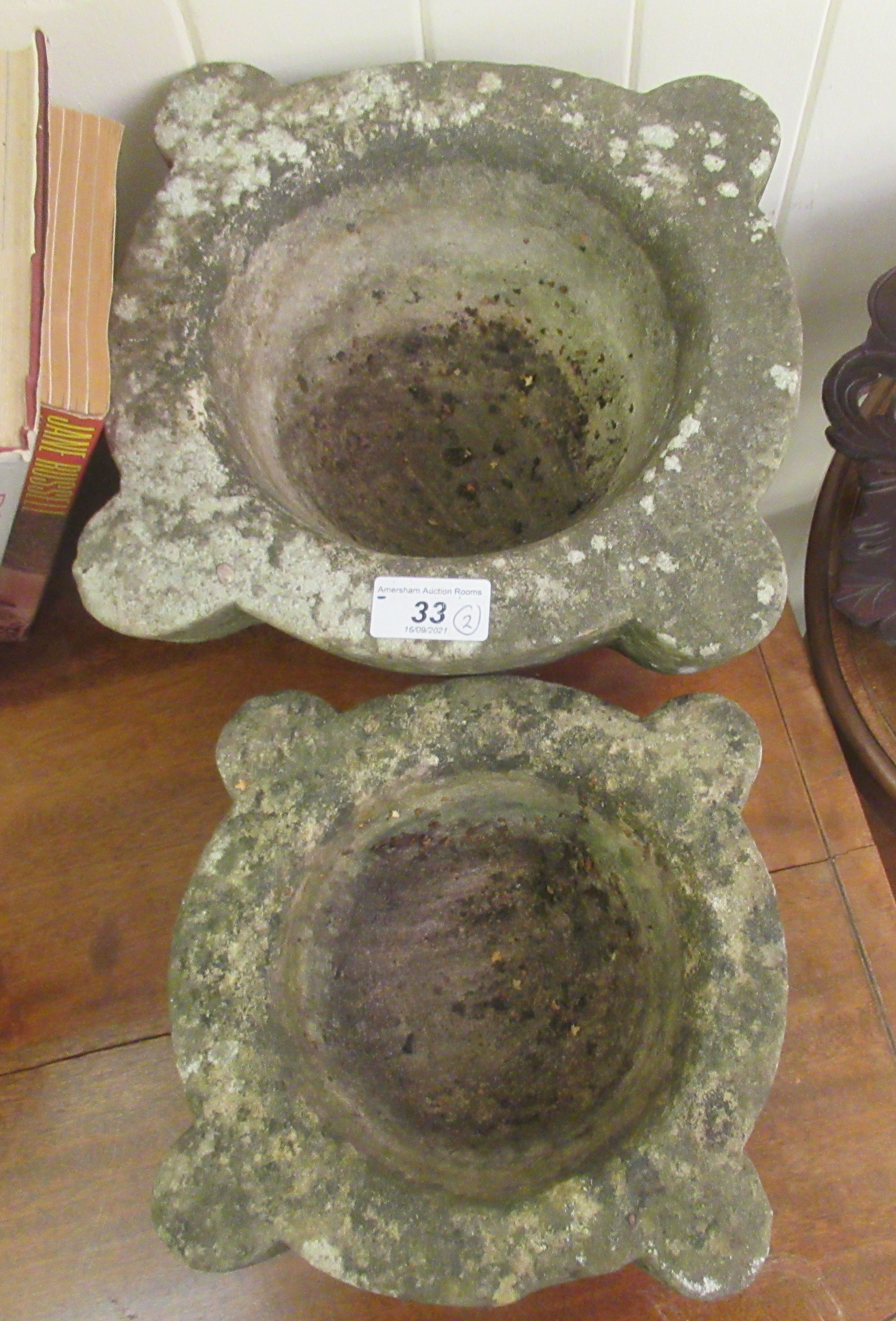 Two similar weathered composition stone mortars  6"h  12"dia and 5"h  10"dia - Image 2 of 2