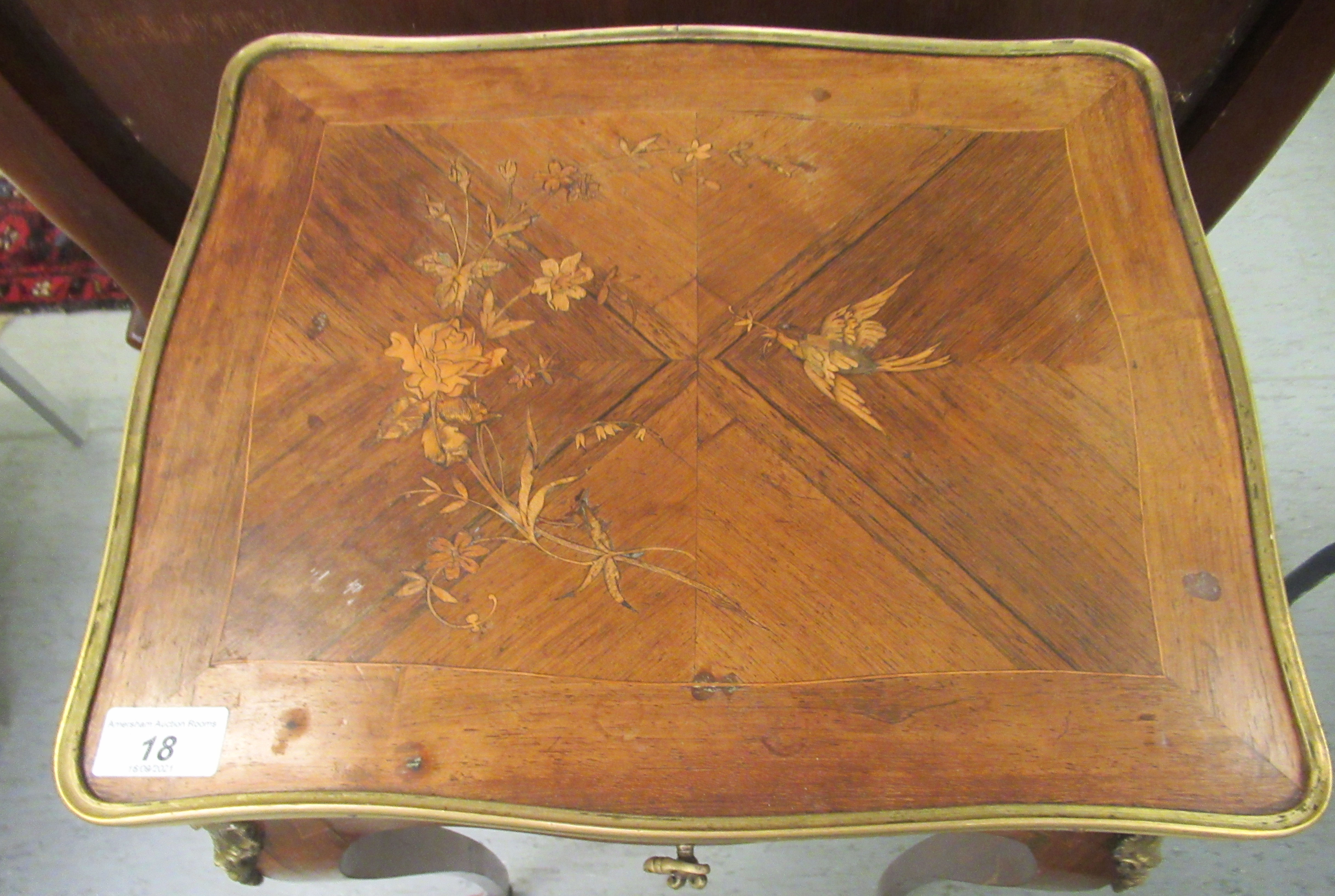 A late 19thC Continental kingwood and marquetry, serpentine outlined vanity table, the hinged top - Image 2 of 3