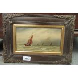 Early 20thC British School - boats on a choppy sea  oil on panel  8" x 4.5"  framed