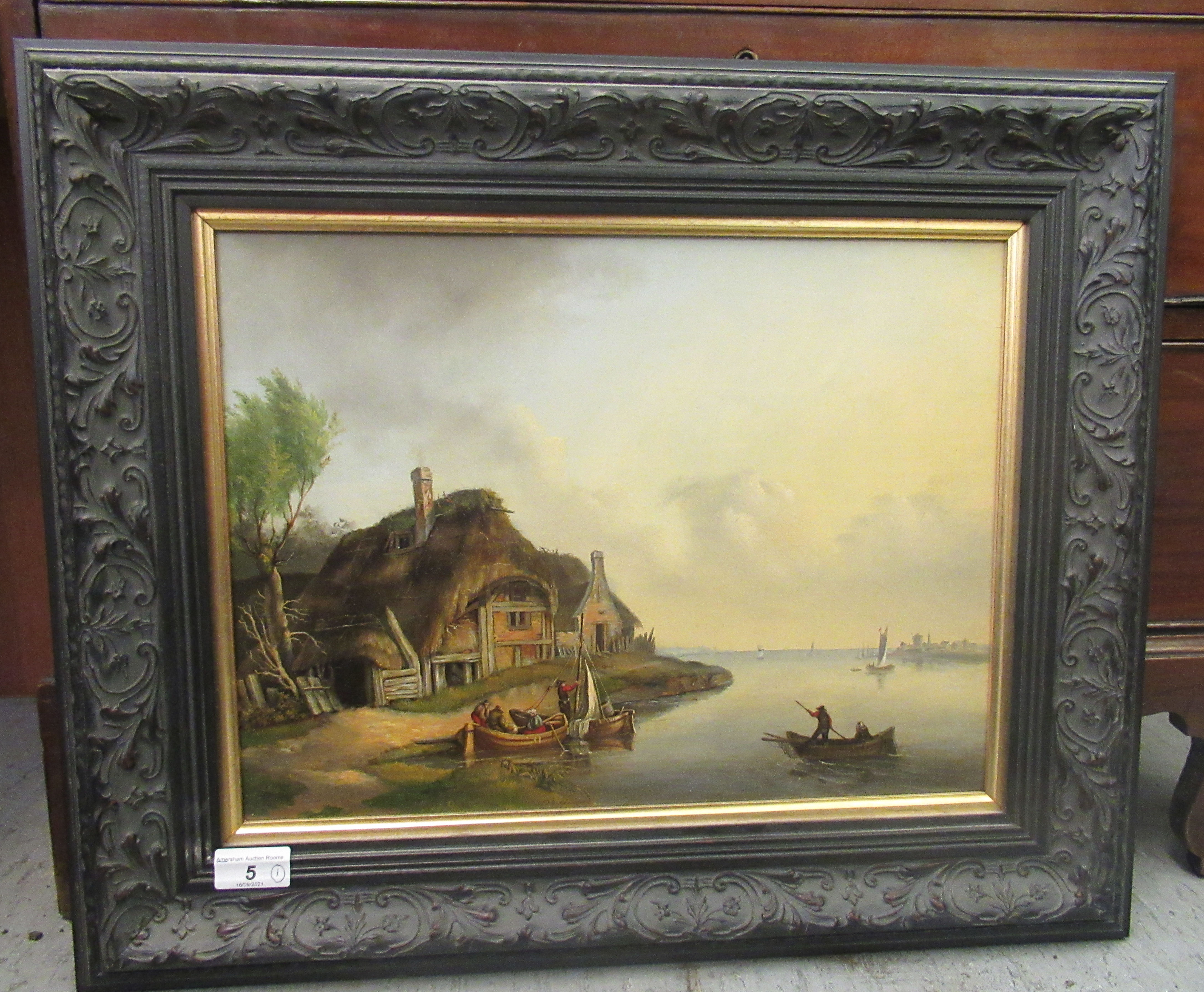 Early/mid 20thC Dutch School - boats coming to shore beside a cottage  oil on board  bears an