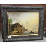 Early/mid 20thC Dutch School - boats coming to shore beside a cottage  oil on board  bears an